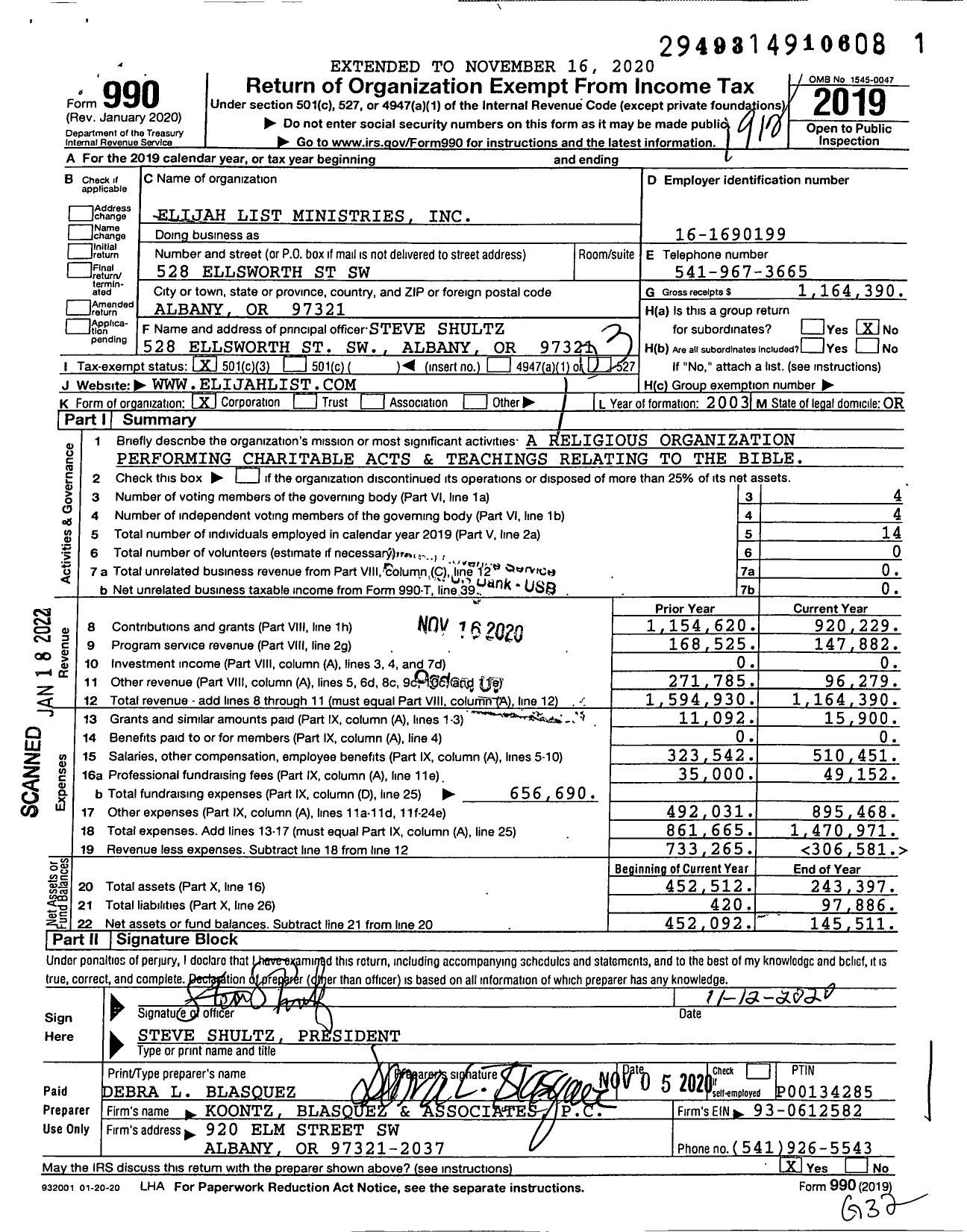 Image of first page of 2019 Form 990 for Elijah List Ministries