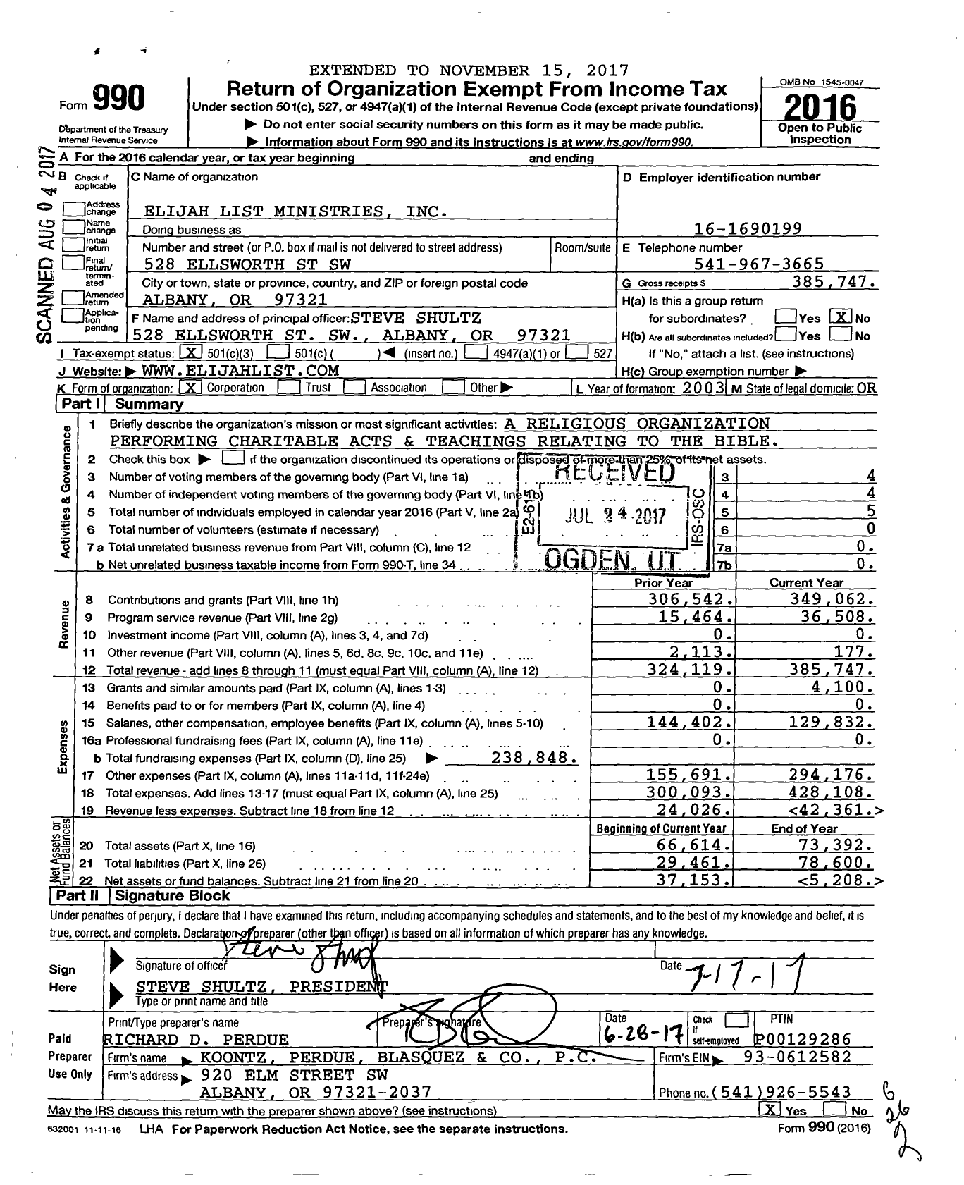 Image of first page of 2016 Form 990 for Elijah List Ministries