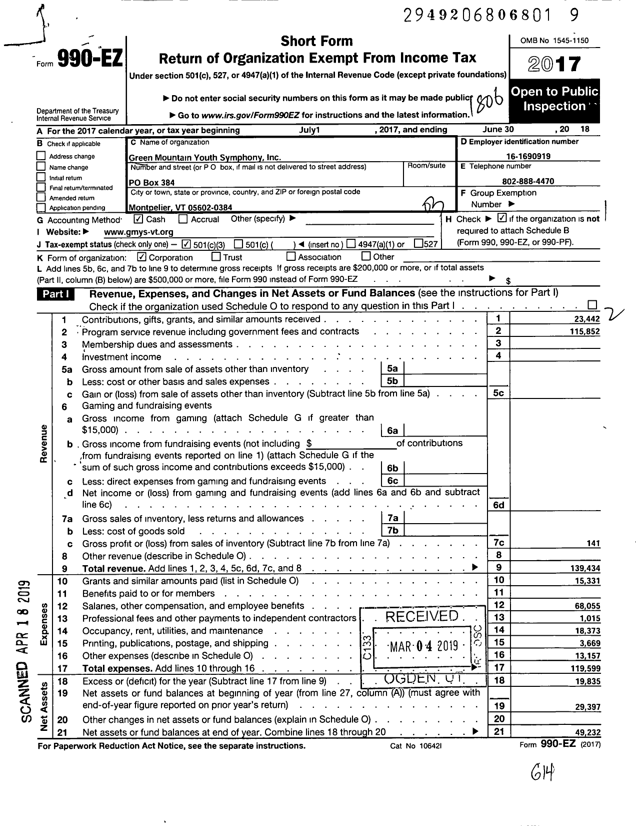 Image of first page of 2017 Form 990EZ for Green Mountain Youth Symphony