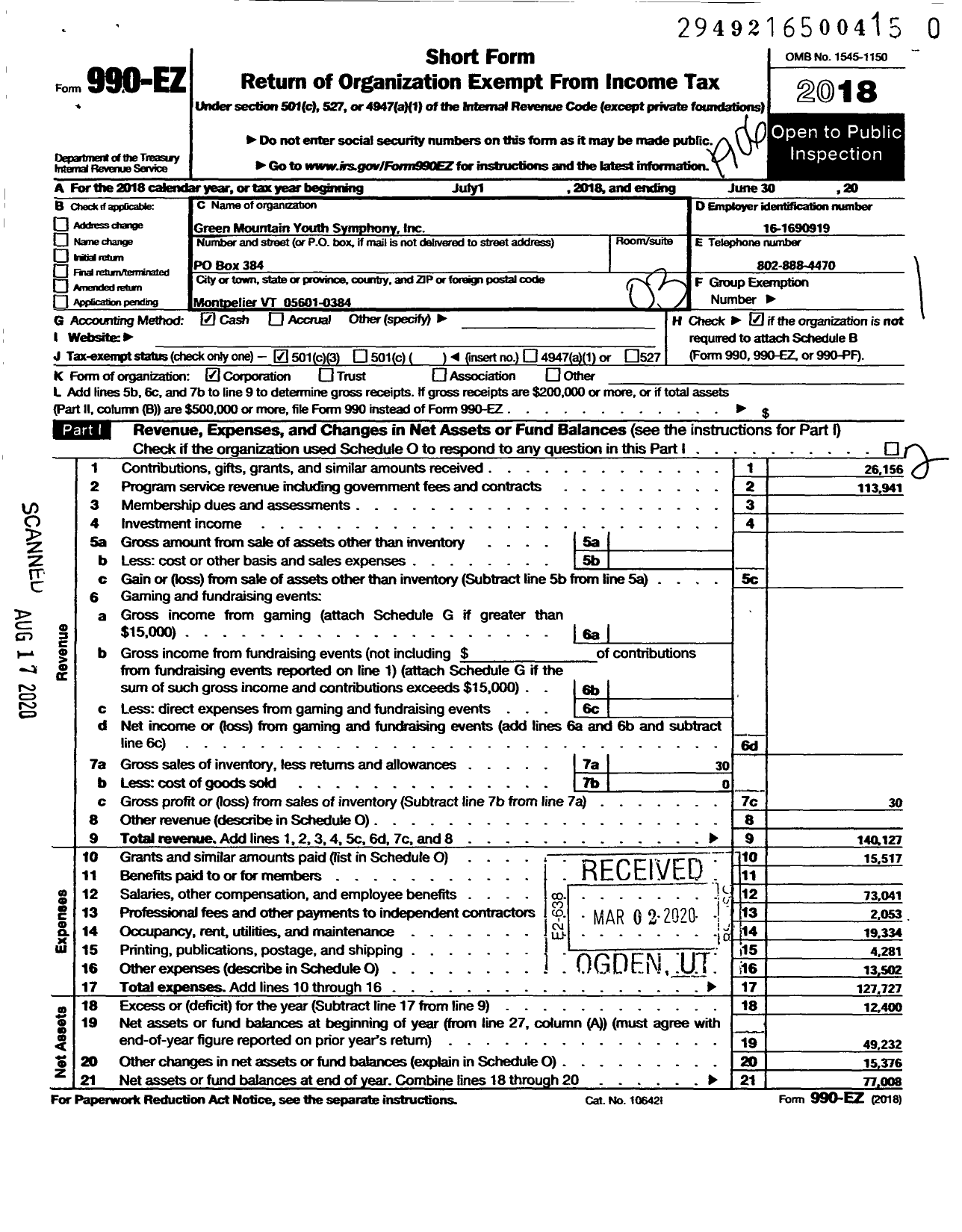 Image of first page of 2018 Form 990EZ for Green Mountain Youth Symphony