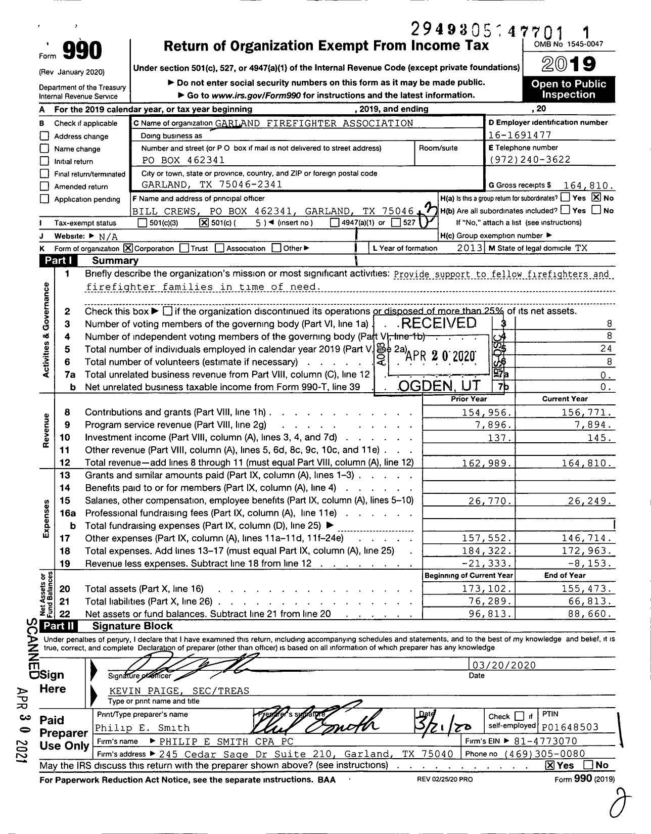 Image of first page of 2019 Form 990 for Garland Firefighter Association