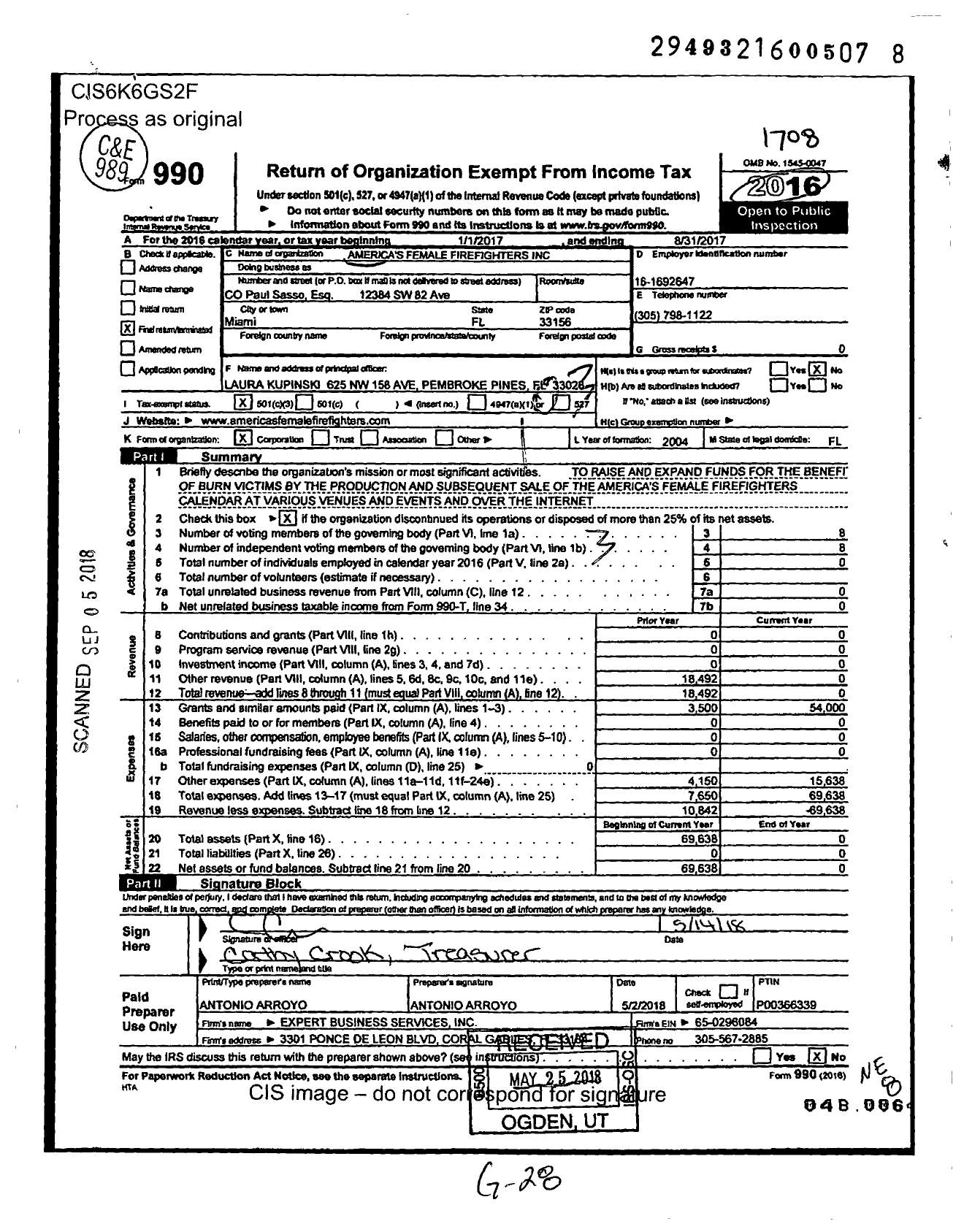 Image of first page of 2016 Form 990 for America's Female Firefighters