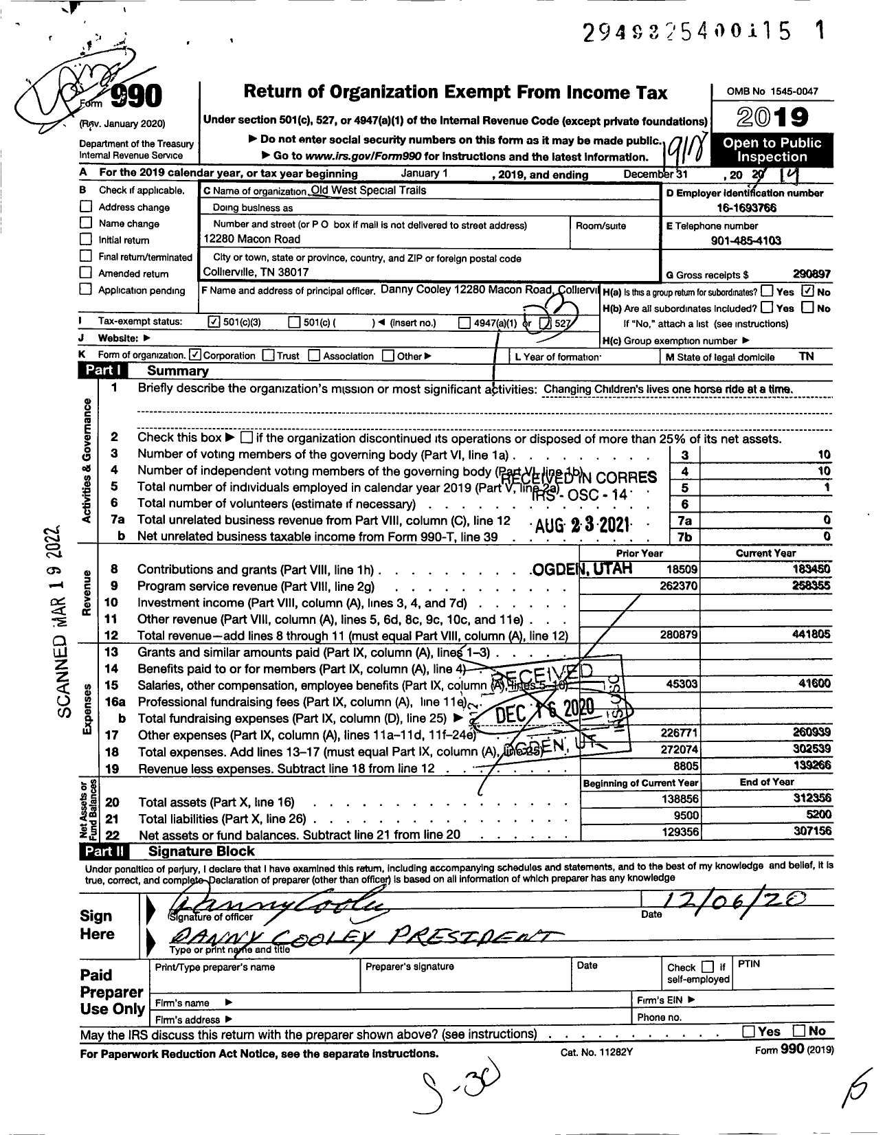 Image of first page of 2019 Form 990 for Old West Special Trails