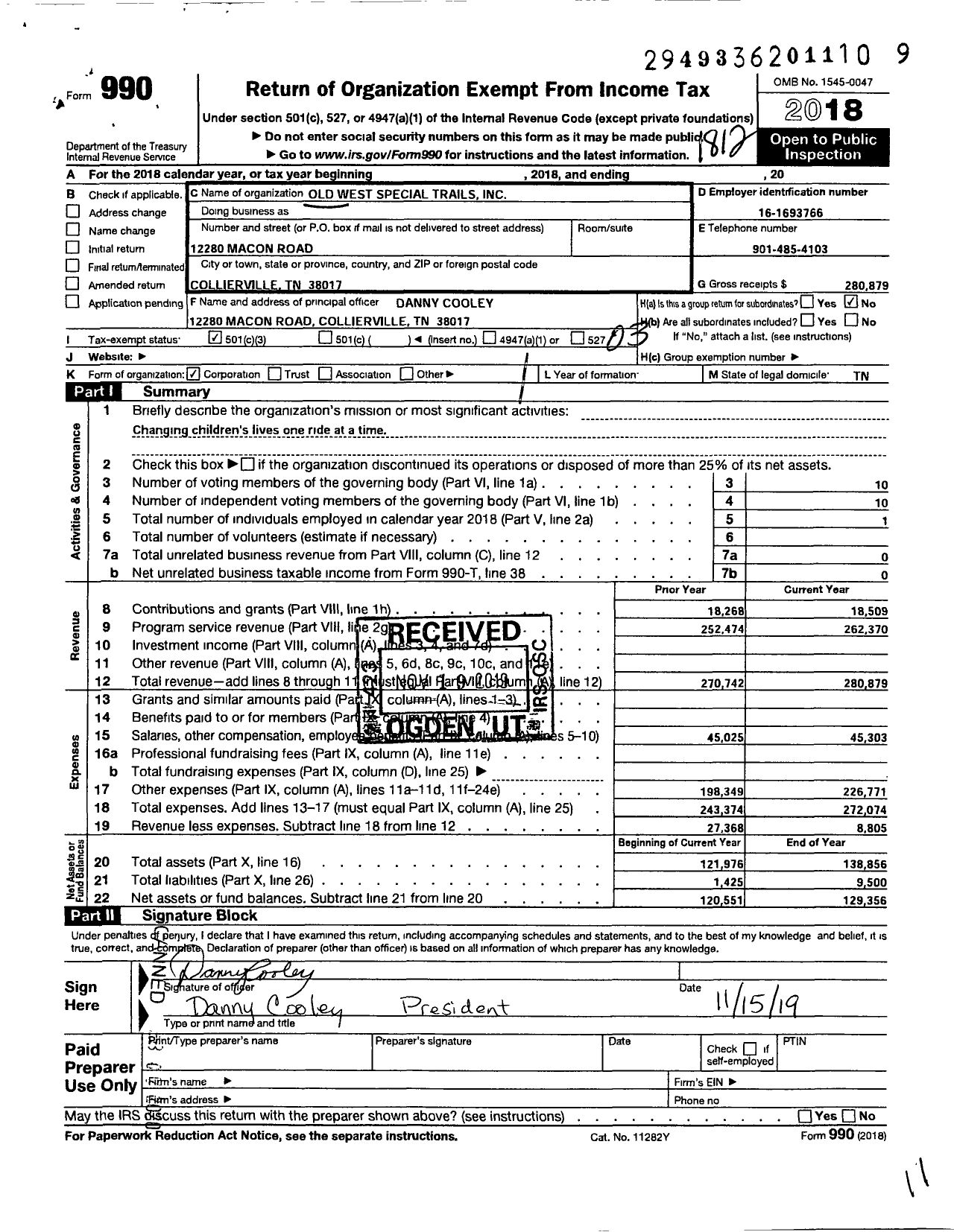Image of first page of 2018 Form 990 for Old West Special Trails