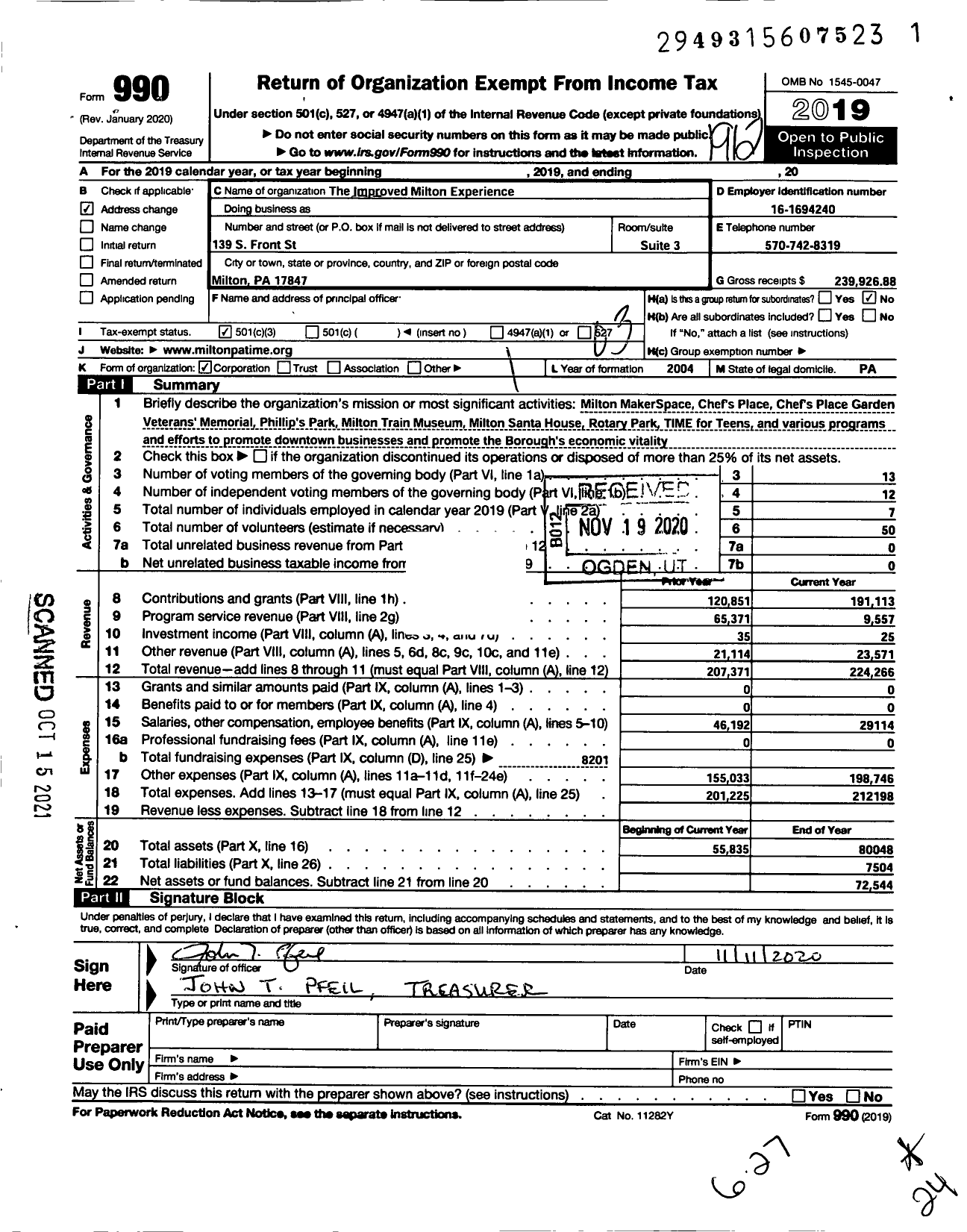 Image of first page of 2019 Form 990 for The Improved Milton Experience