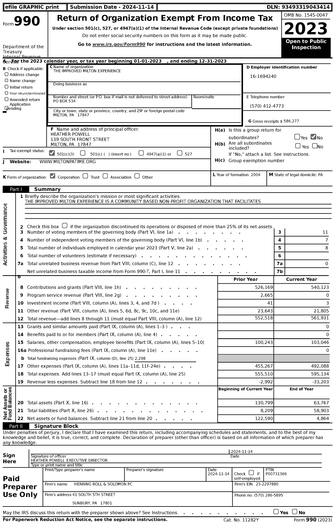 Image of first page of 2023 Form 990 for The Improved Milton Experience