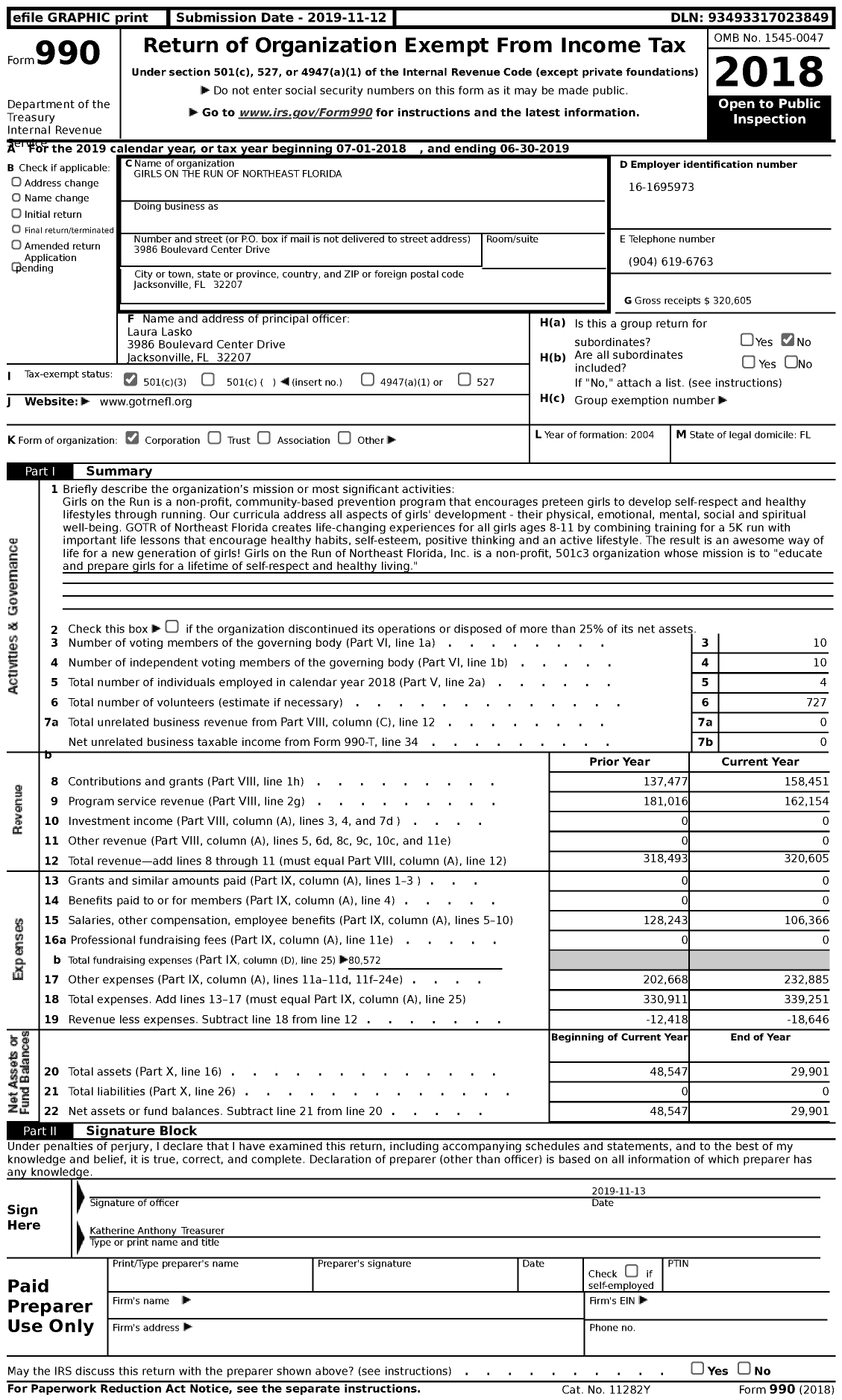 Image of first page of 2018 Form 990 for Girls on the Run Northeast Florida