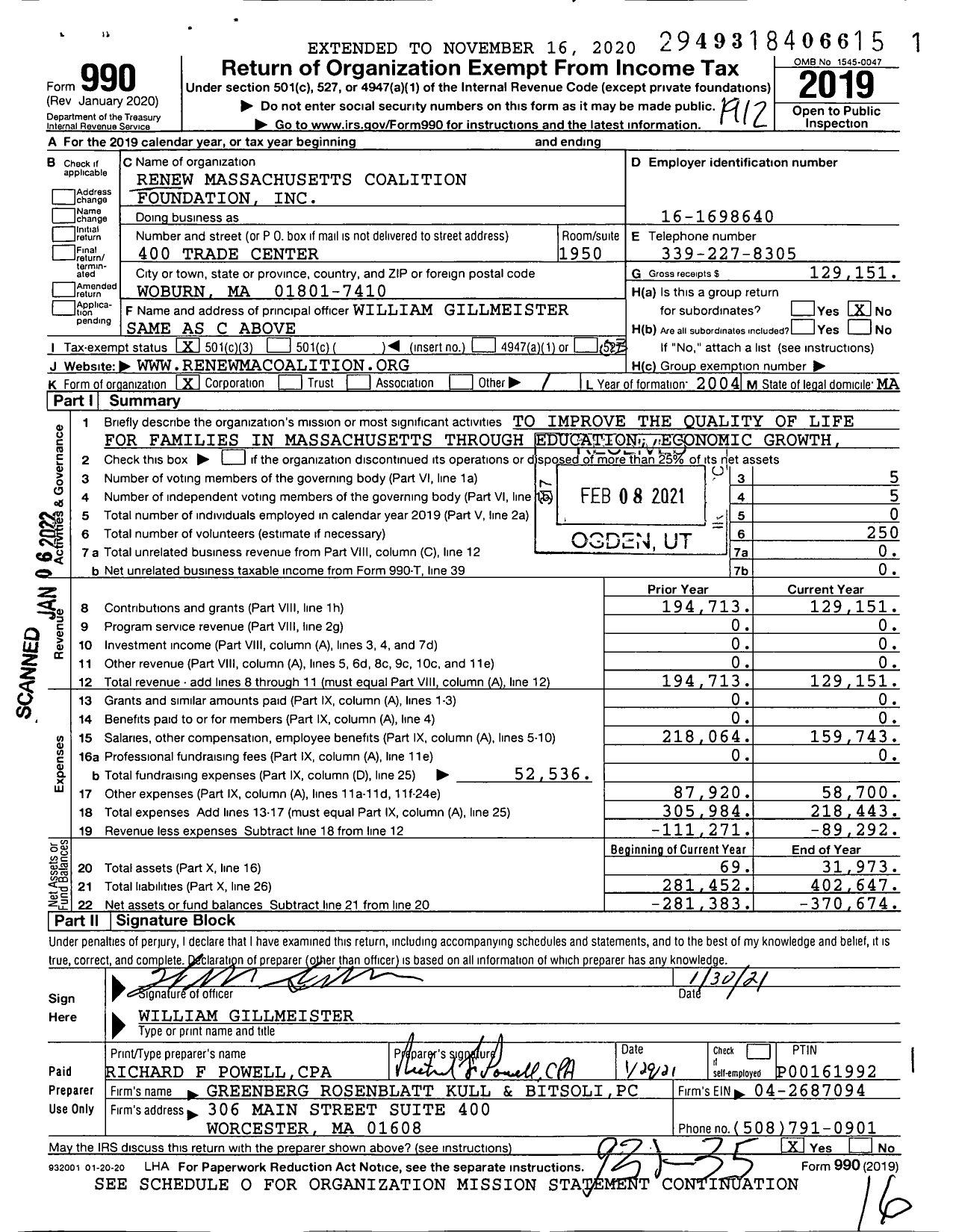 Image of first page of 2019 Form 990 for Renew Massachusetts Coalition Foundation