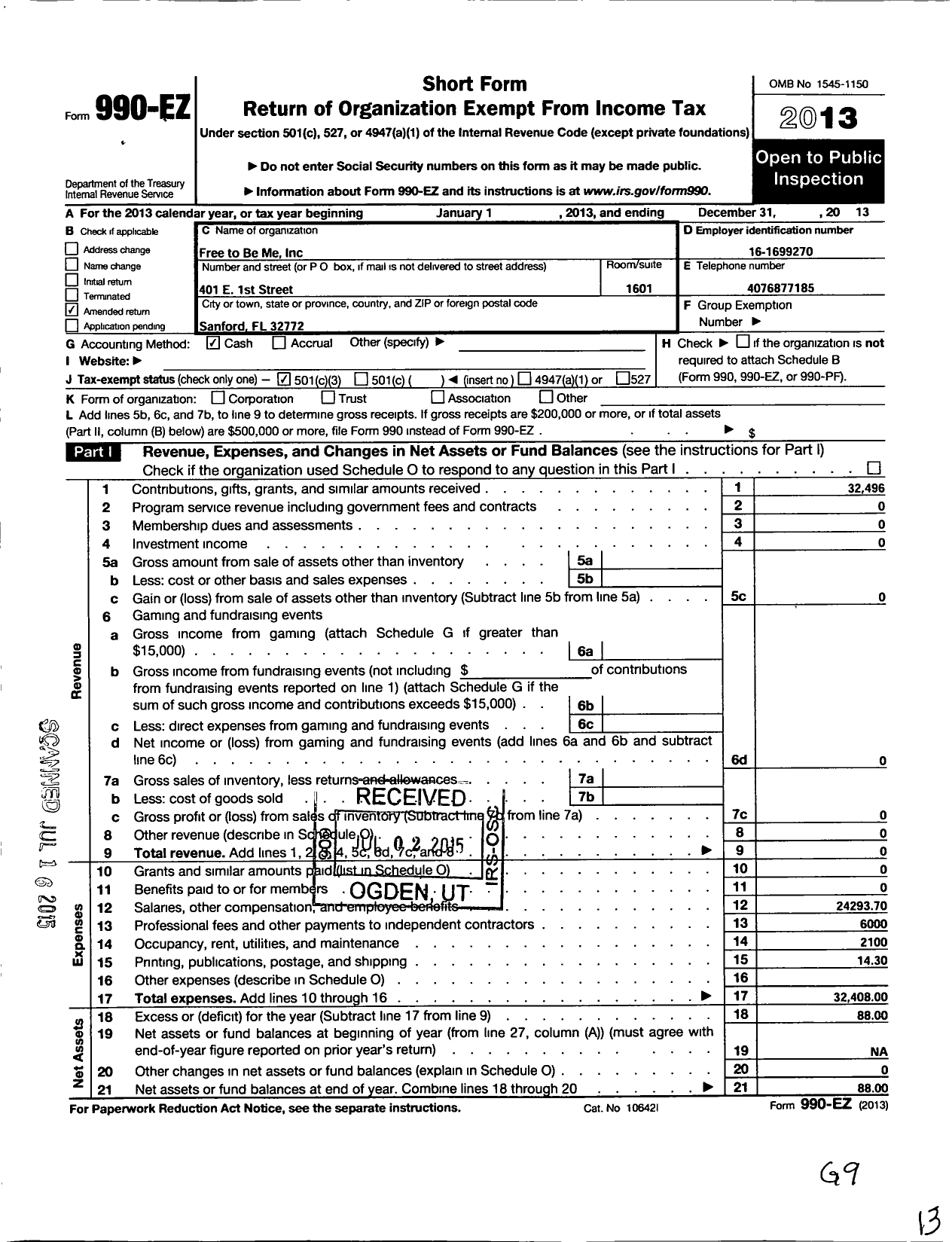 Image of first page of 2013 Form 990EZ for Free To Be Me