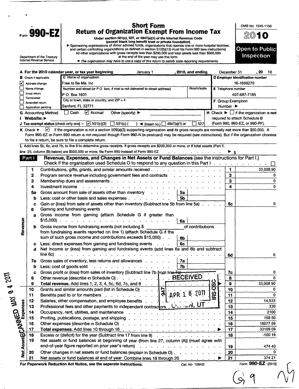 Image of first page of 2010 Form 990EZ for Free To Be Me