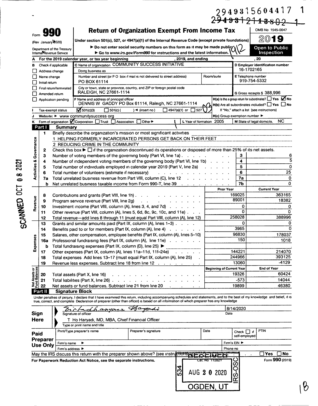 Image of first page of 2019 Form 990 for Community Success Initiative