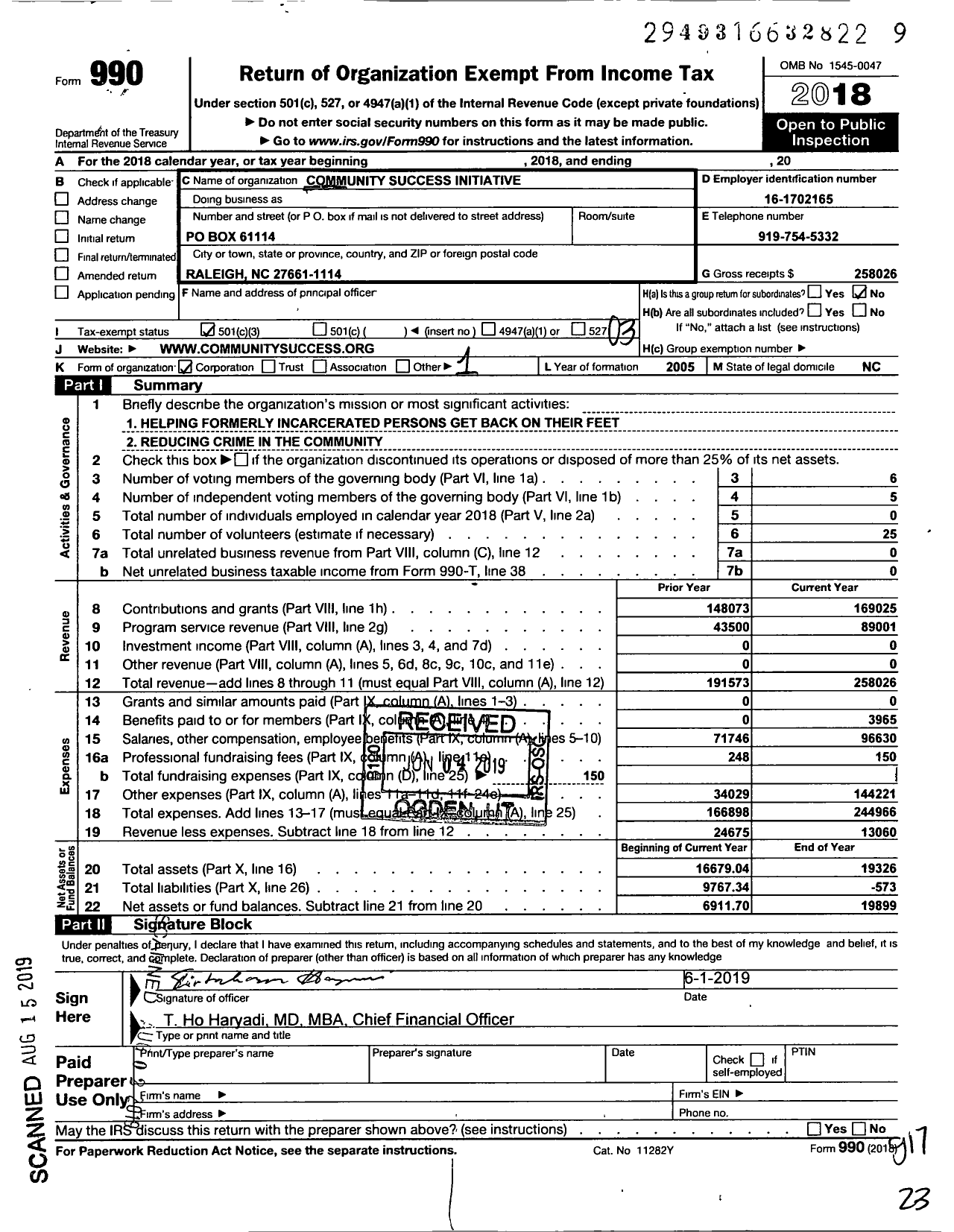 Image of first page of 2018 Form 990 for Community Success Initiative