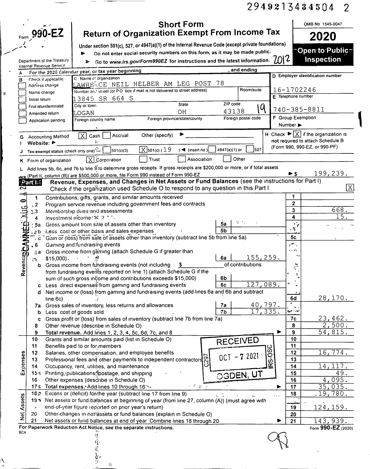 Image of first page of 2020 Form 990EO for American Legion - Lawrence Neil Helber Am Leg Post 78 American Legion Post 78