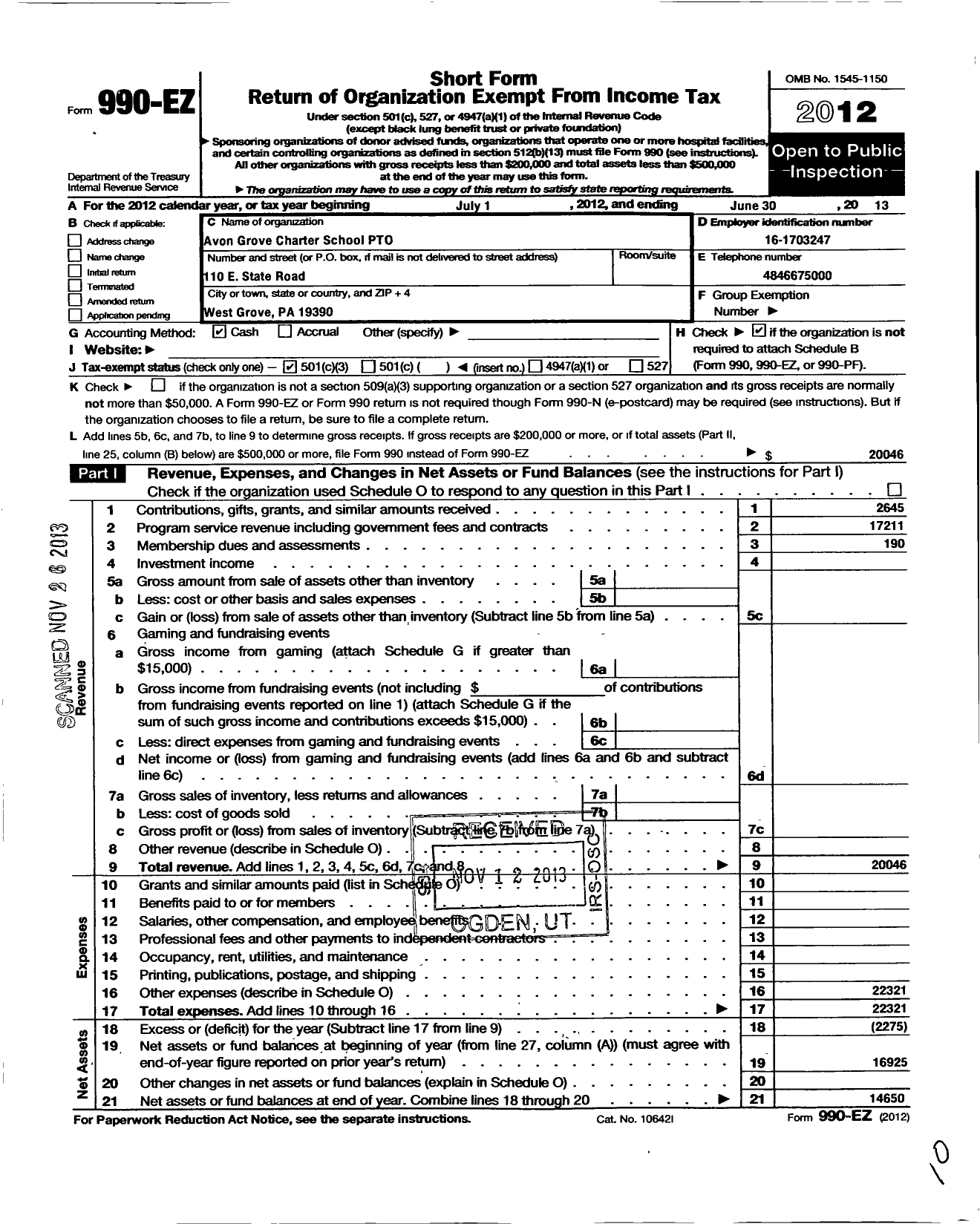 Image of first page of 2012 Form 990EZ for Avon Grove Charter School