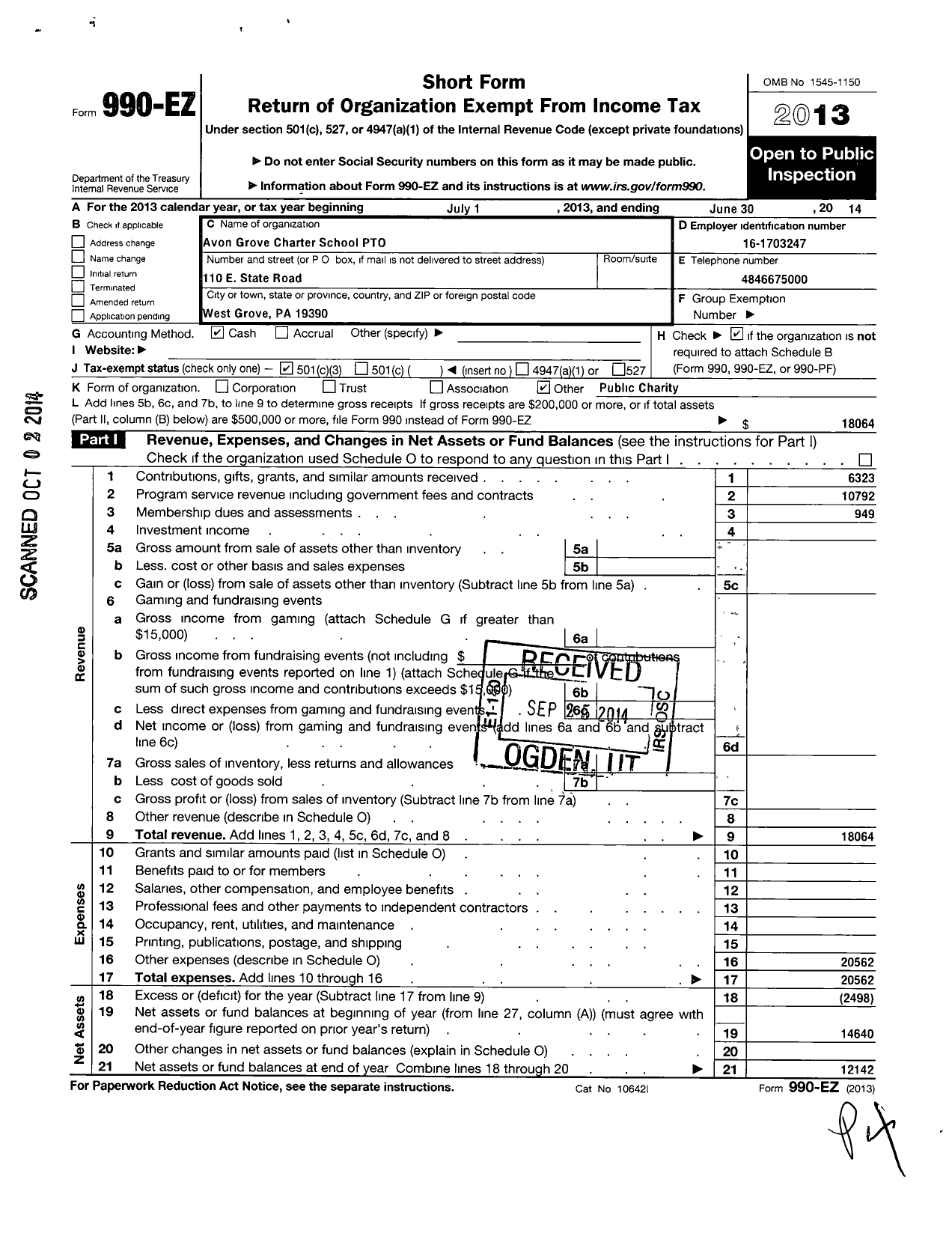 Image of first page of 2013 Form 990EZ for Avon Grove Charter School