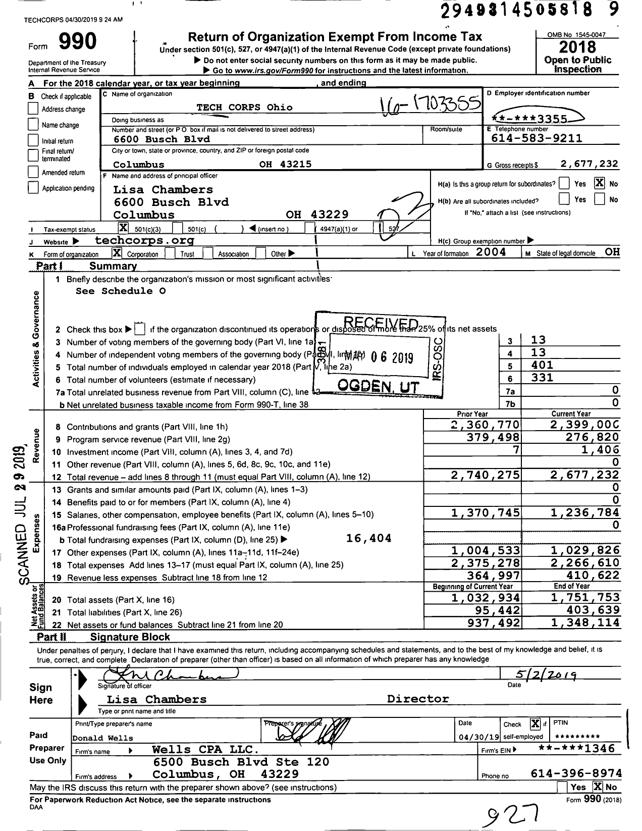Image of first page of 2018 Form 990 for Tech Corps Ohio