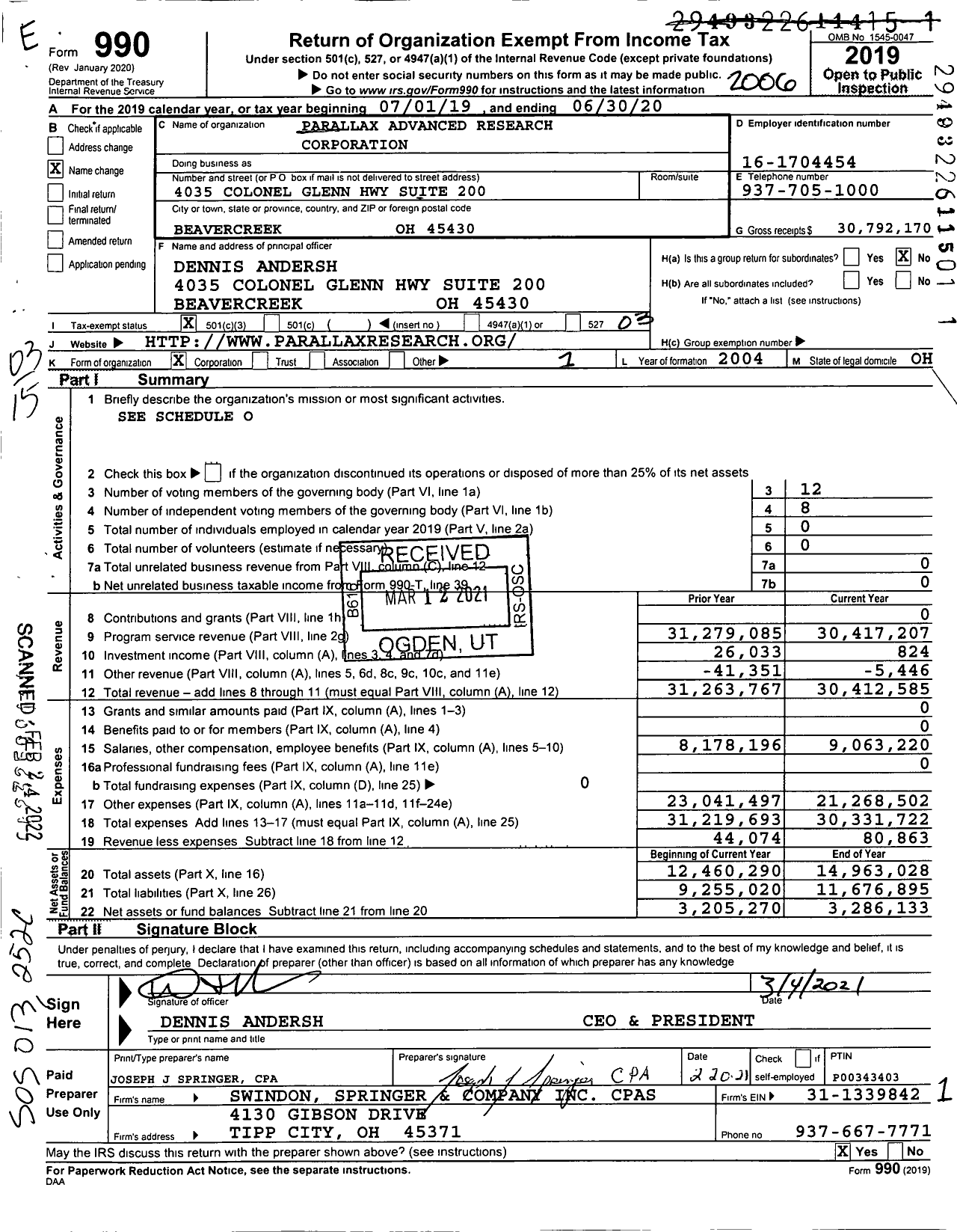 Image of first page of 2019 Form 990 for Parallax Advanced Research Corporation