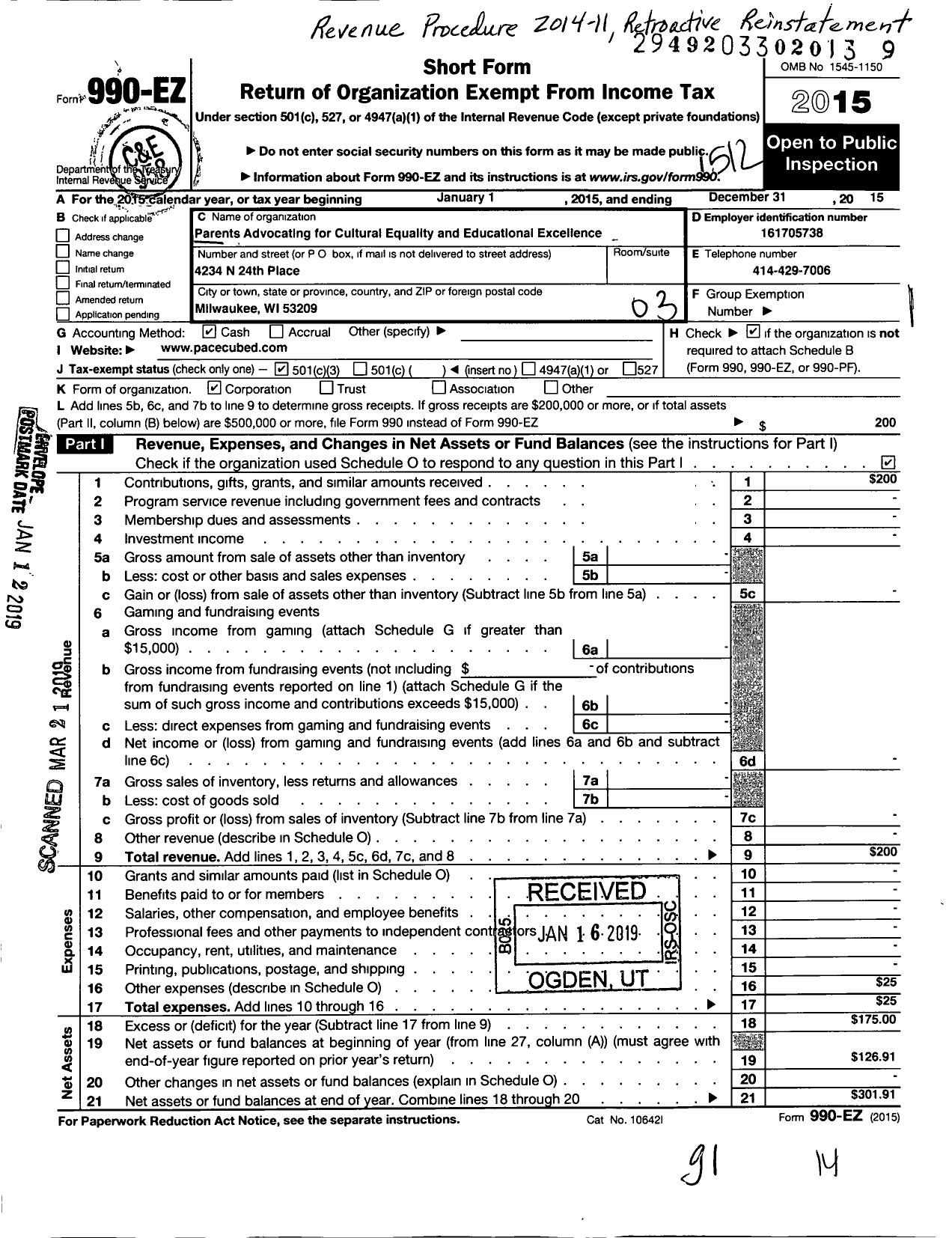 Image of first page of 2015 Form 990EZ for Parents Advocating for Cultural Equality and Educational Excellence