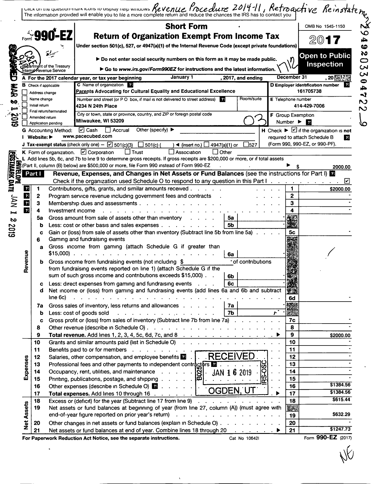 Image of first page of 2017 Form 990EZ for Parents Advocating for Cultural Equality and Educational Excellence