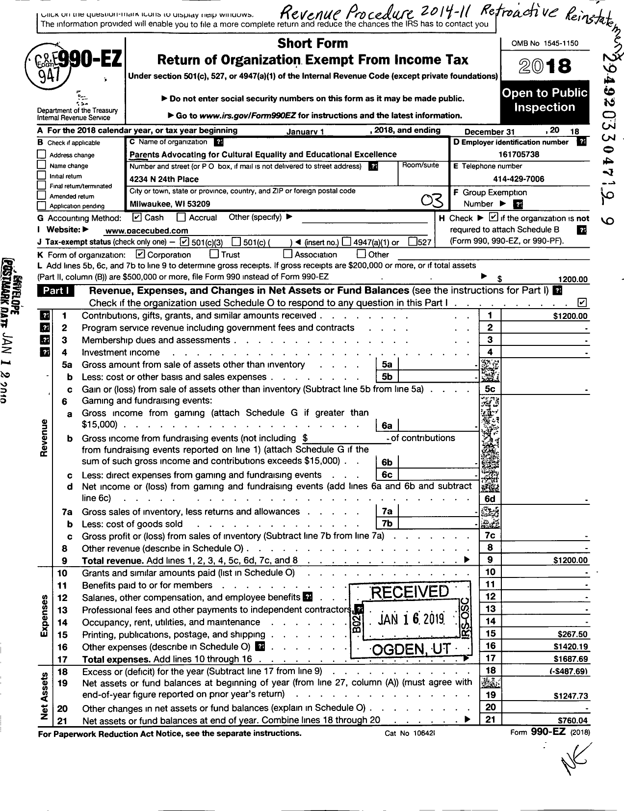 Image of first page of 2018 Form 990EZ for Parents Advocating for Cultural Equality and Educational Excellence