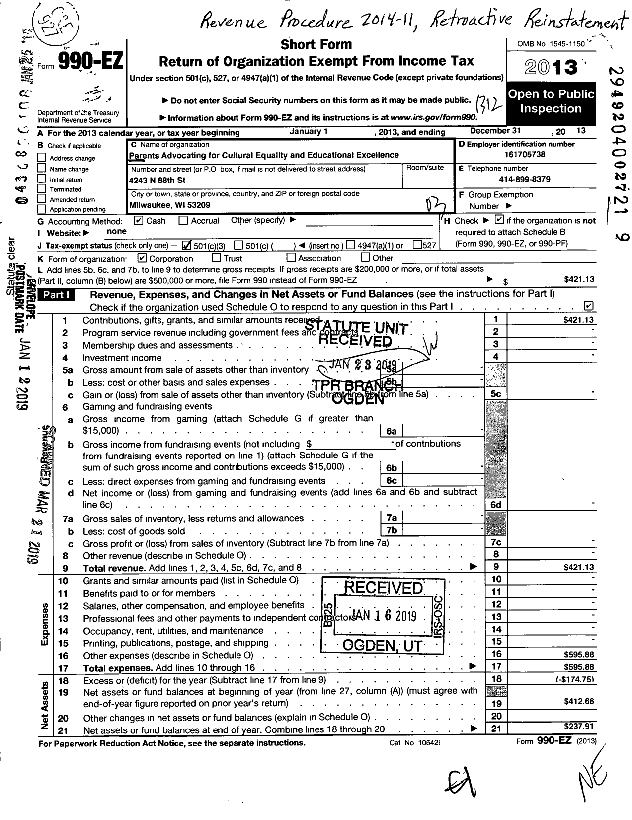 Image of first page of 2013 Form 990EZ for Parents Advocating for Cultural Equality and Educational Excellence