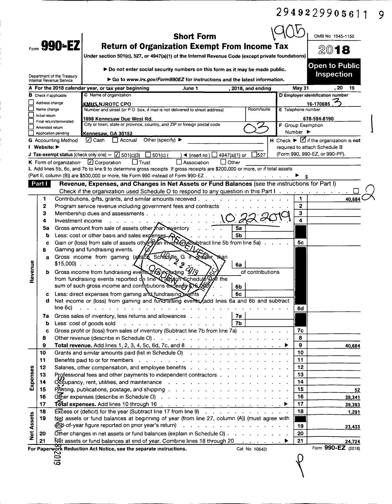 Image of first page of 2018 Form 990EZ for KMHS Njrotc Cpo