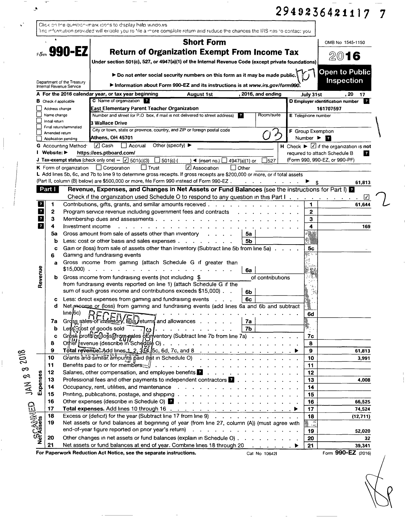 Image of first page of 2016 Form 990EZ for East Elementary Parent Teacher Organization