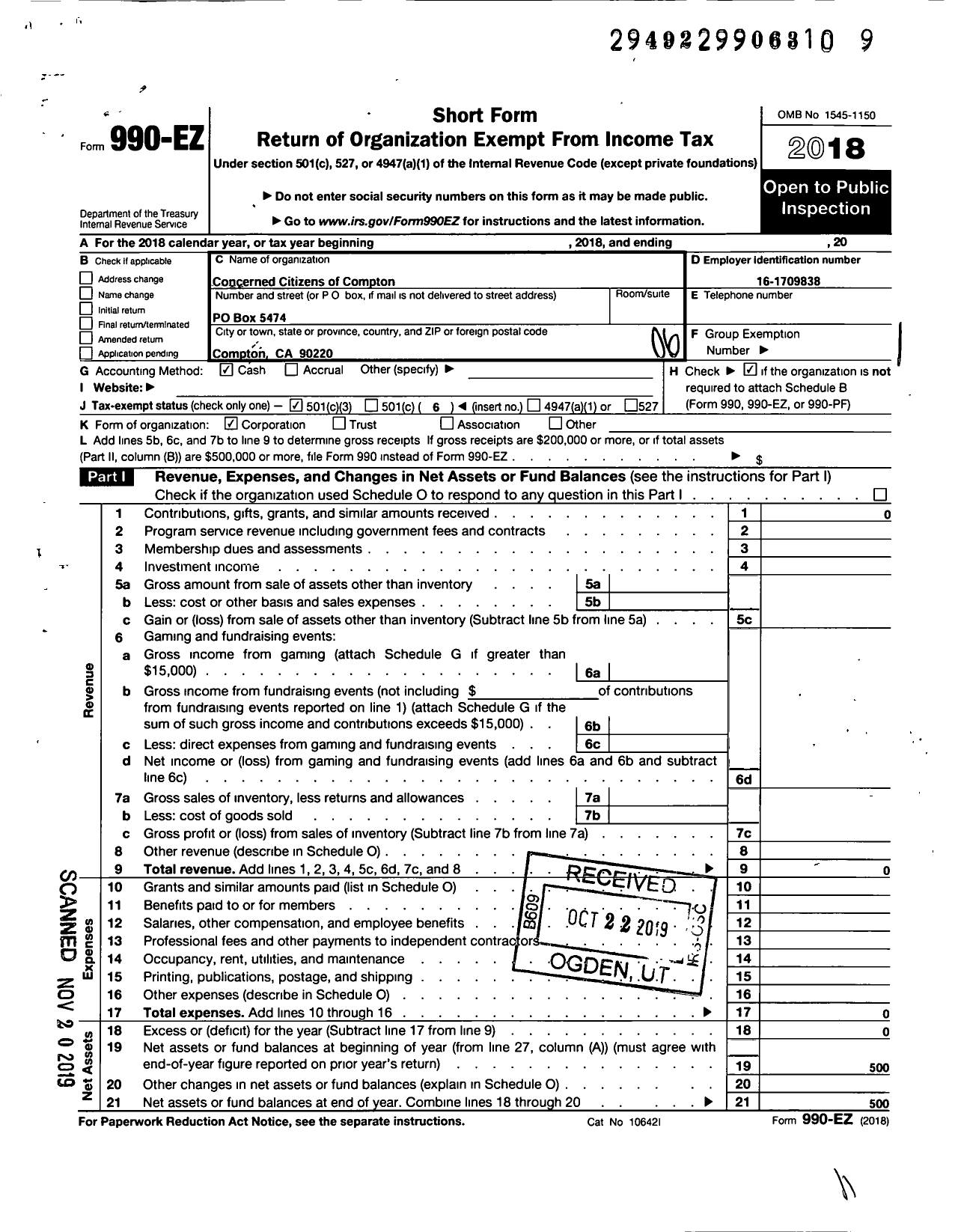 Image of first page of 2018 Form 990EO for Citizens Coalition for Change