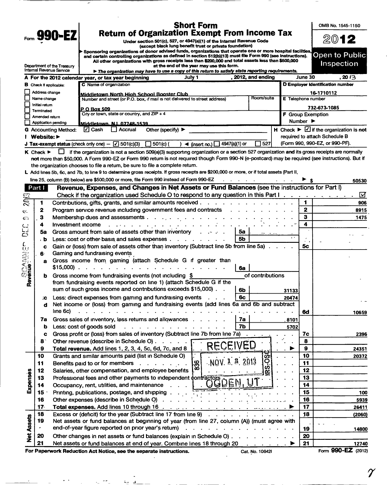 Image of first page of 2012 Form 990EZ for Middletown High School Booster