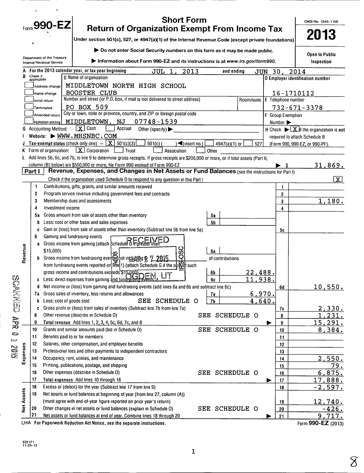 Image of first page of 2013 Form 990EZ for Middletown High School Booster