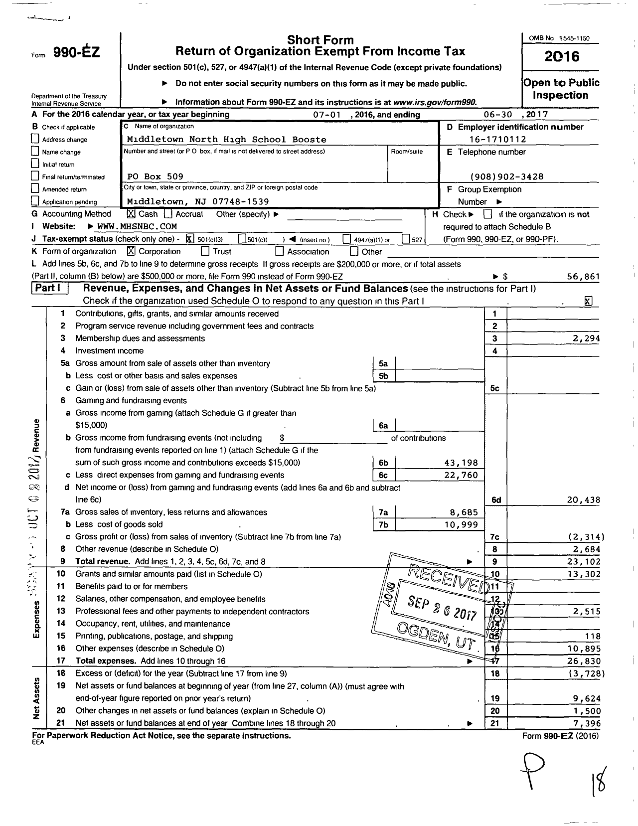 Image of first page of 2016 Form 990EZ for Middletown High School Booster