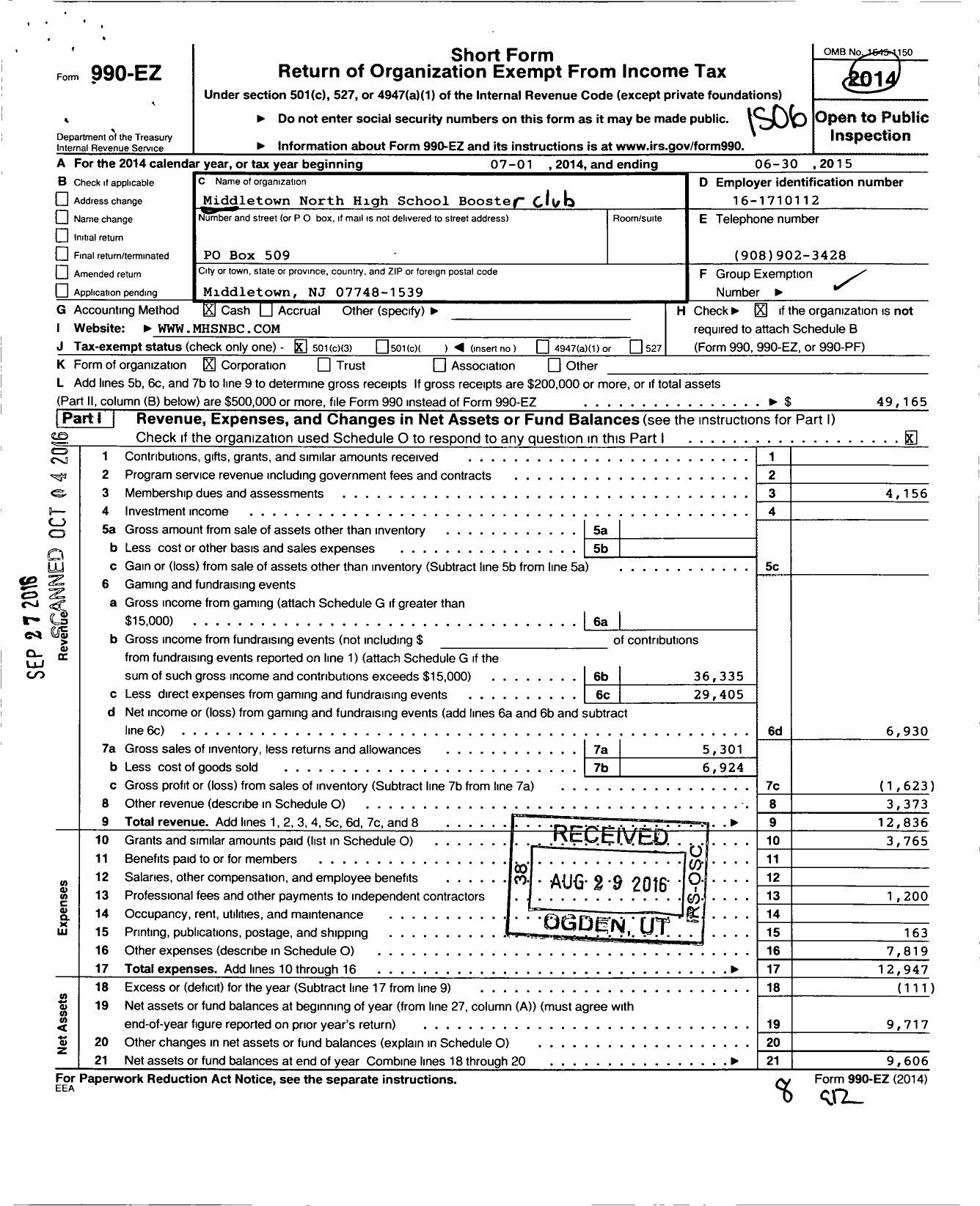 Image of first page of 2014 Form 990EZ for Middletown High School Booster