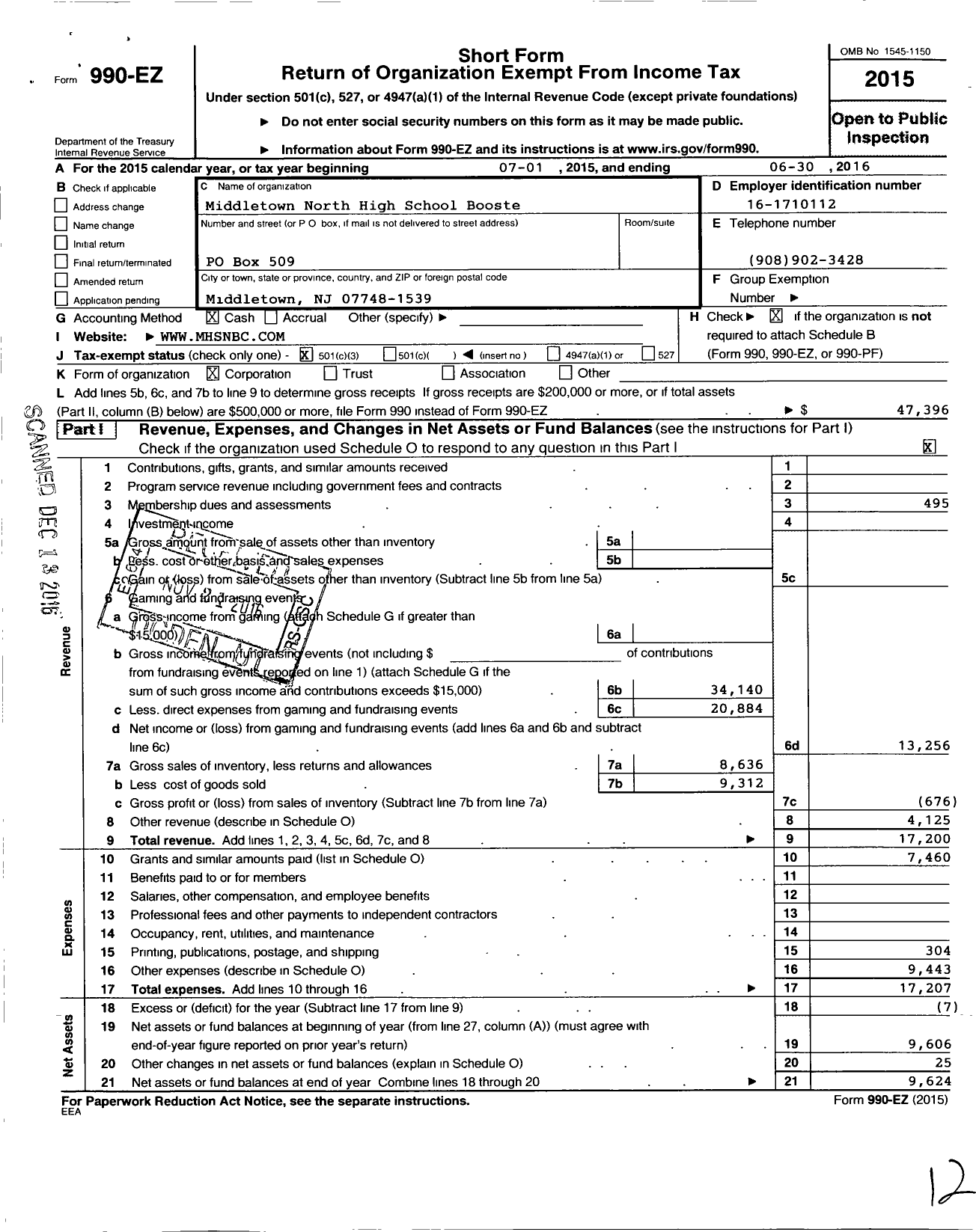 Image of first page of 2015 Form 990EZ for Middletown High School Booster