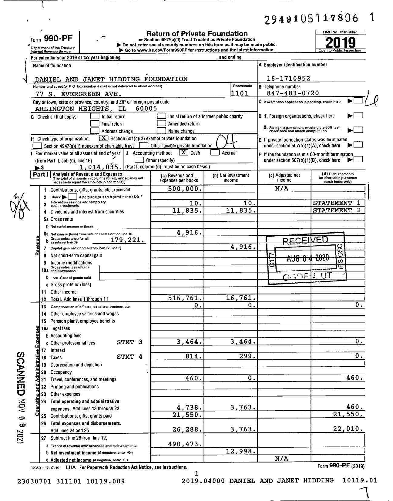 Image of first page of 2019 Form 990PF for Daniel and Janet Hidding Foundation