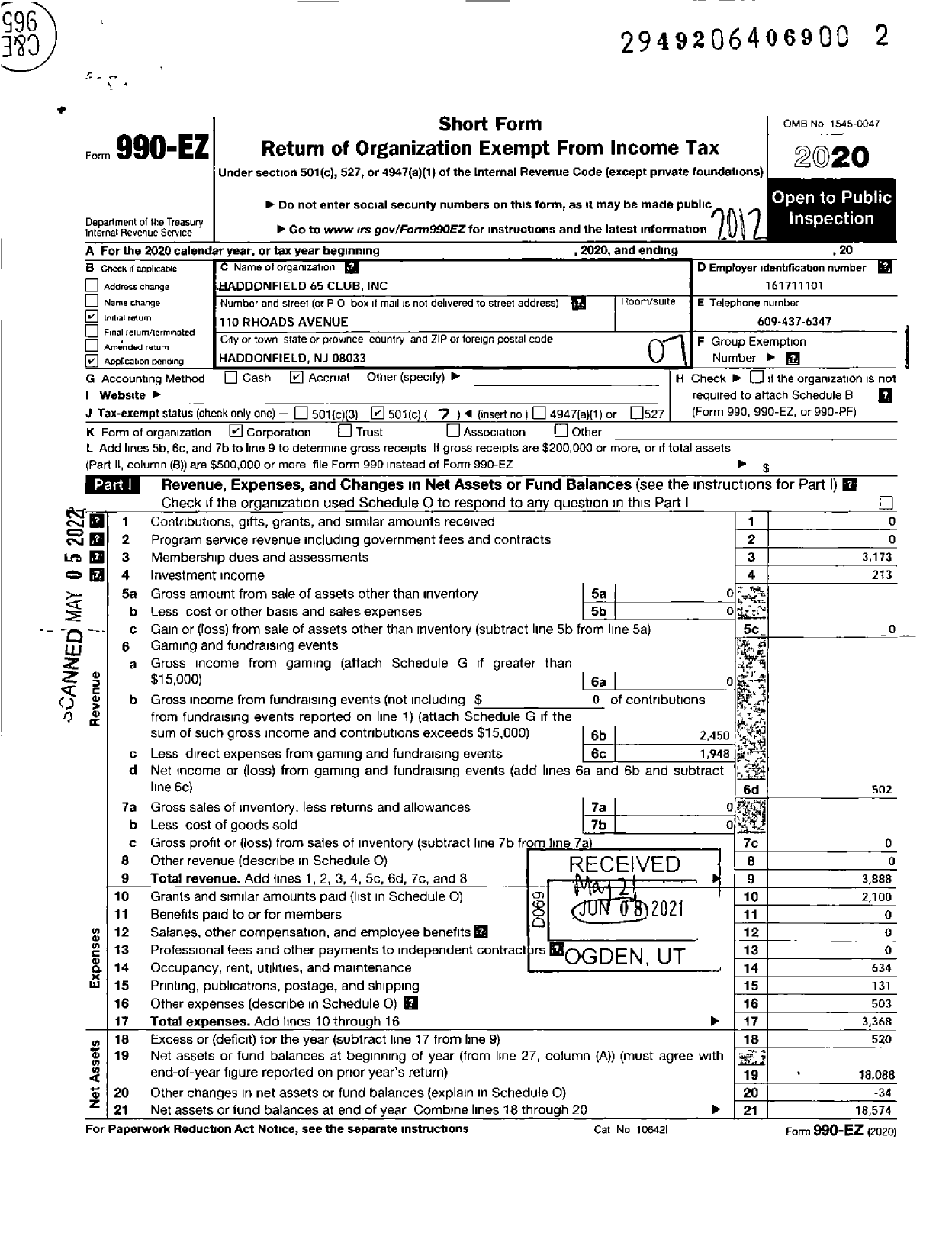 Image of first page of 2020 Form 990EO for Haddonfield 65 Club