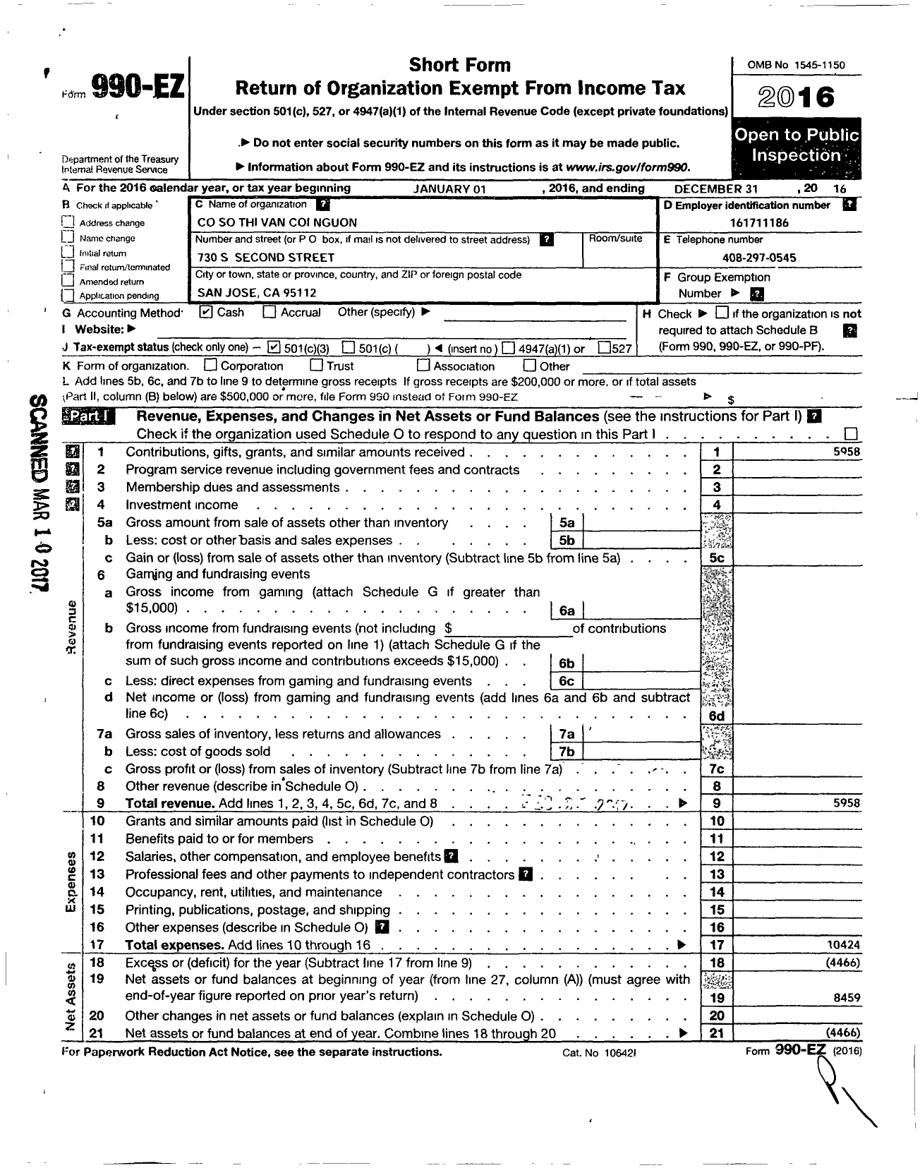 Image of first page of 2016 Form 990EZ for Co So Thi Van Coi Nguon