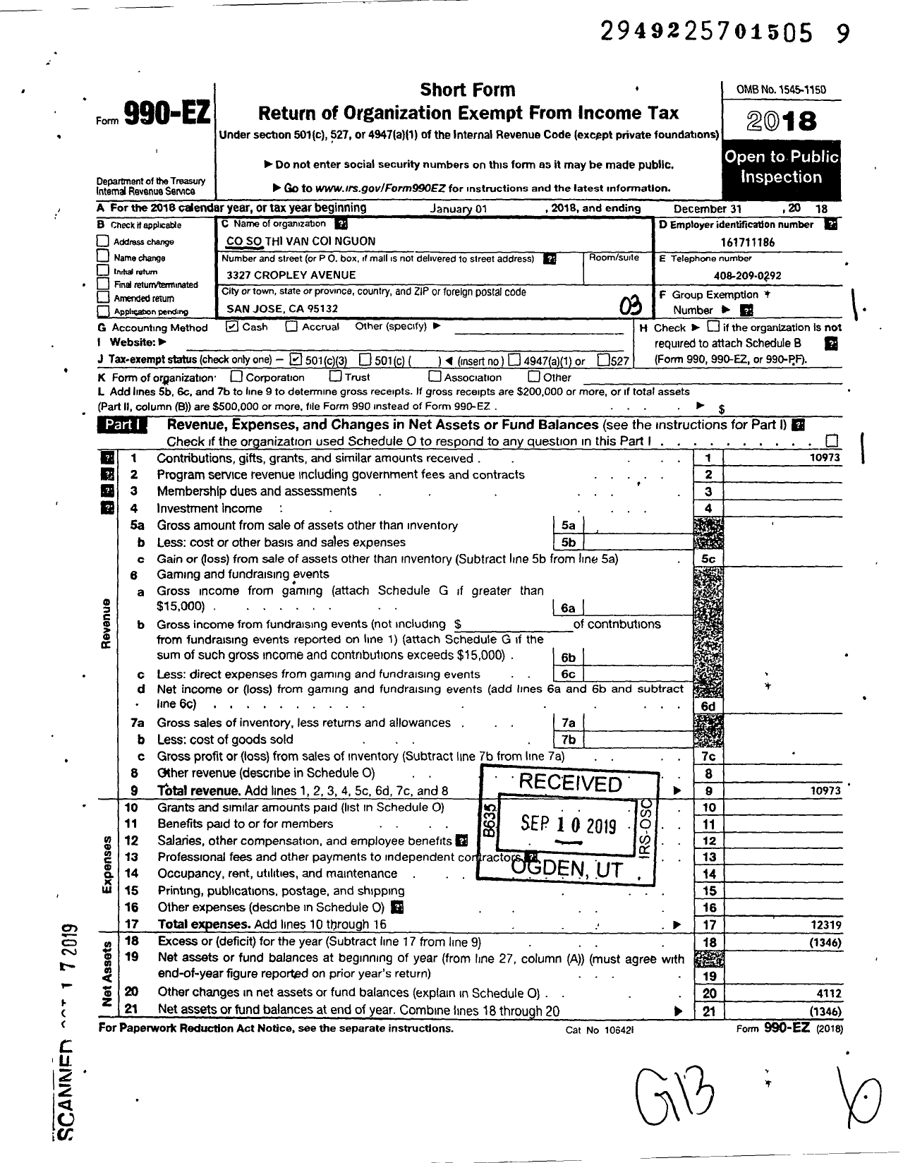 Image of first page of 2018 Form 990EZ for Co So Thi Van Coi Nguon