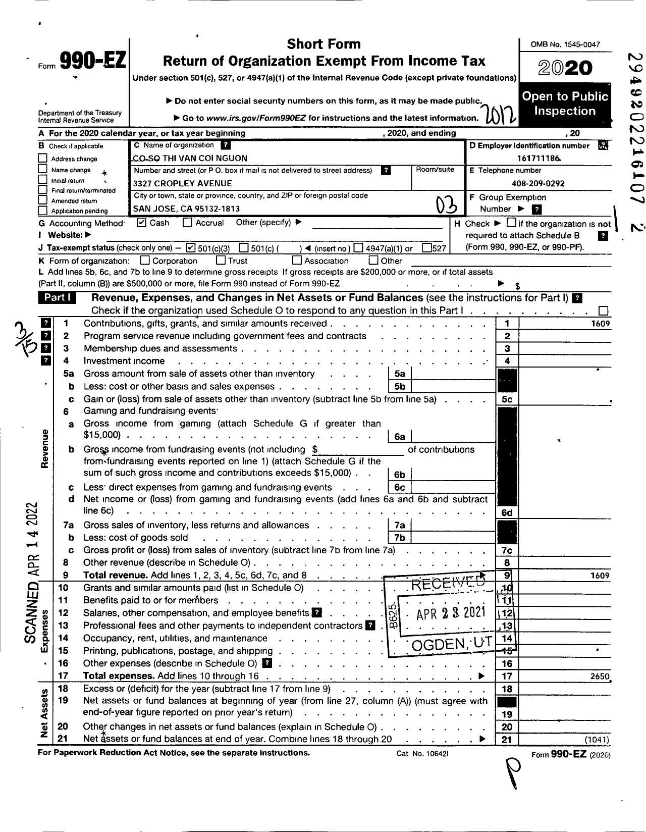 Image of first page of 2020 Form 990EZ for Co So Thi Van Coi Nguon