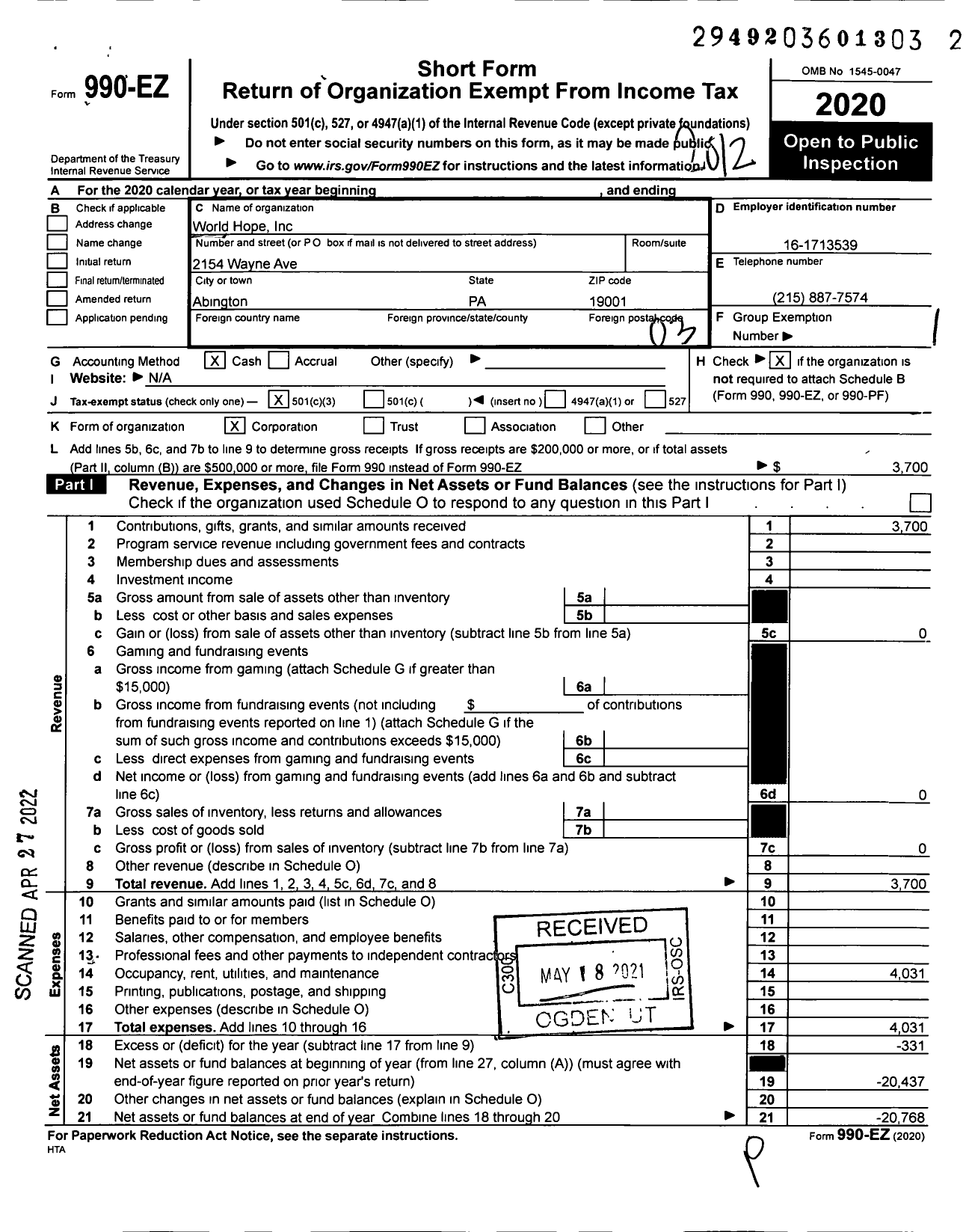 Image of first page of 2020 Form 990EZ for World Hope