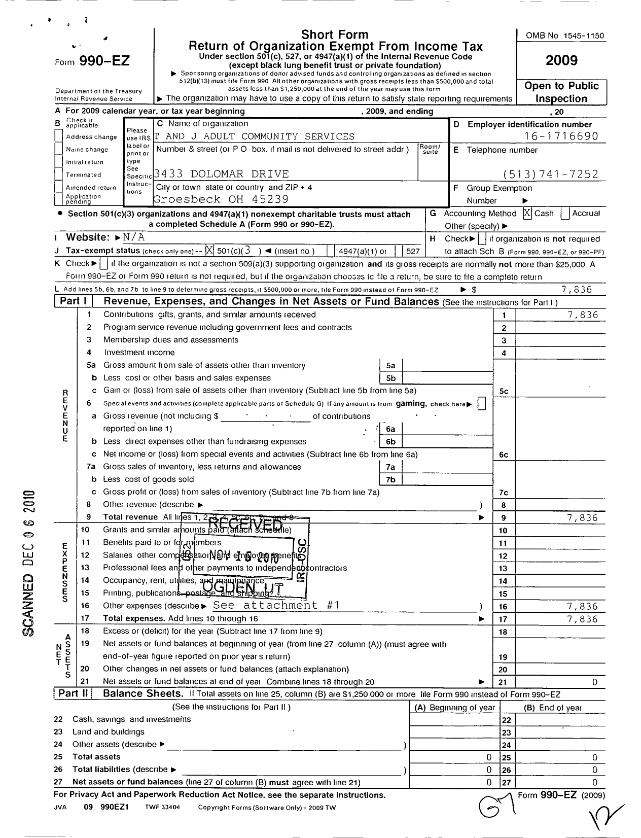 Image of first page of 2009 Form 990EZ for T and J Adult Community Services