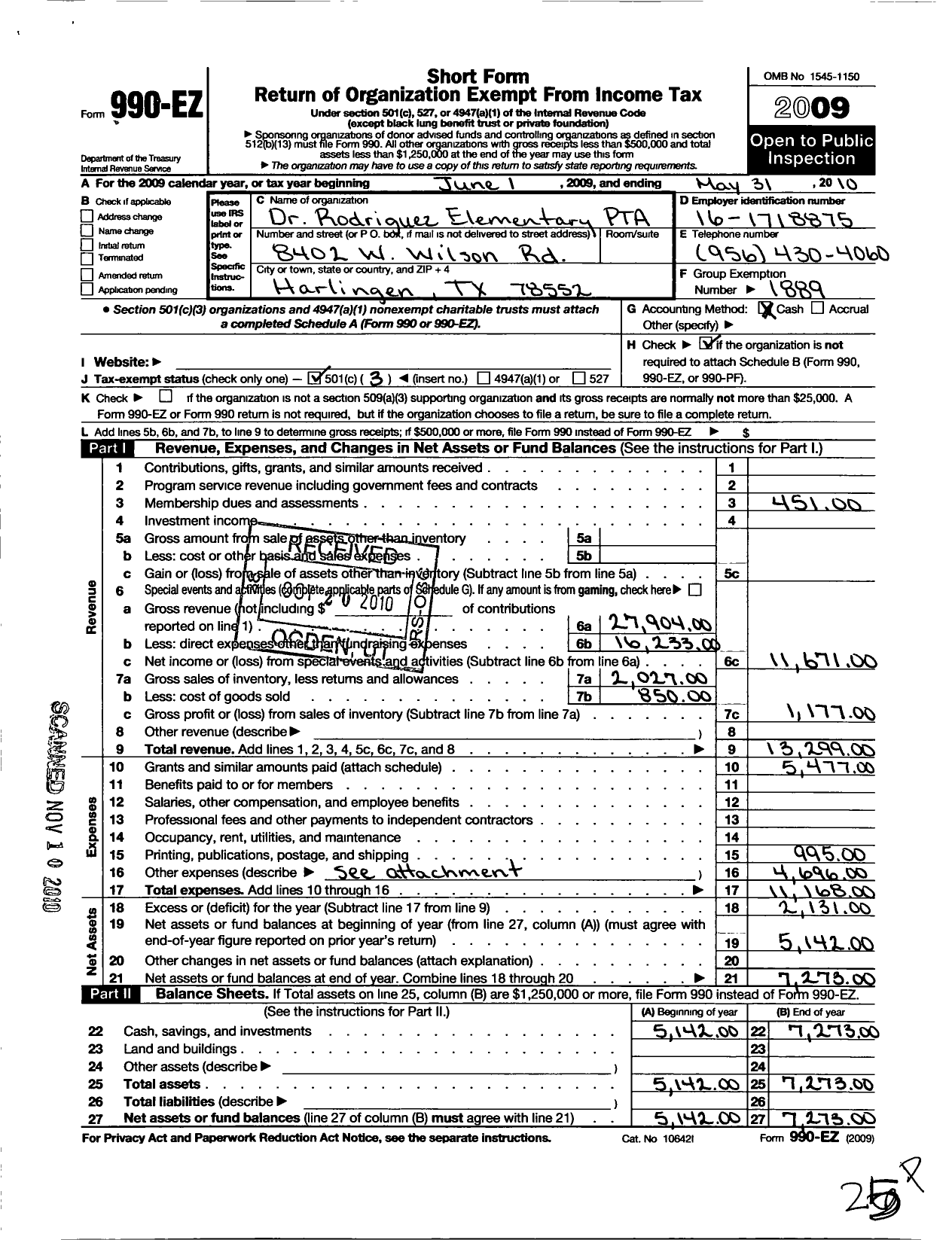 Image of first page of 2009 Form 990EZ for Texas PTA - Dr Hesiquio Rodriguez Elem PTA