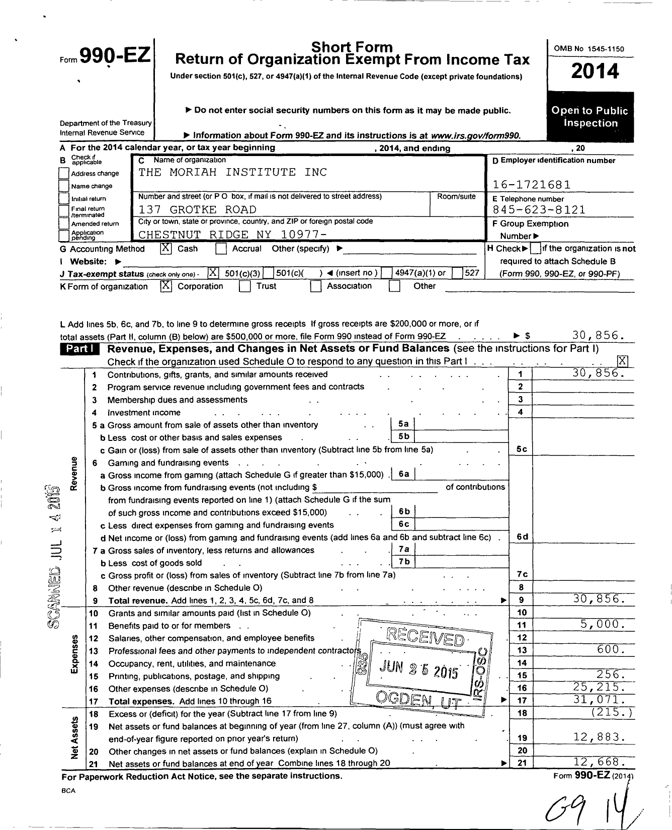 Image of first page of 2014 Form 990EZ for Moriah Institute