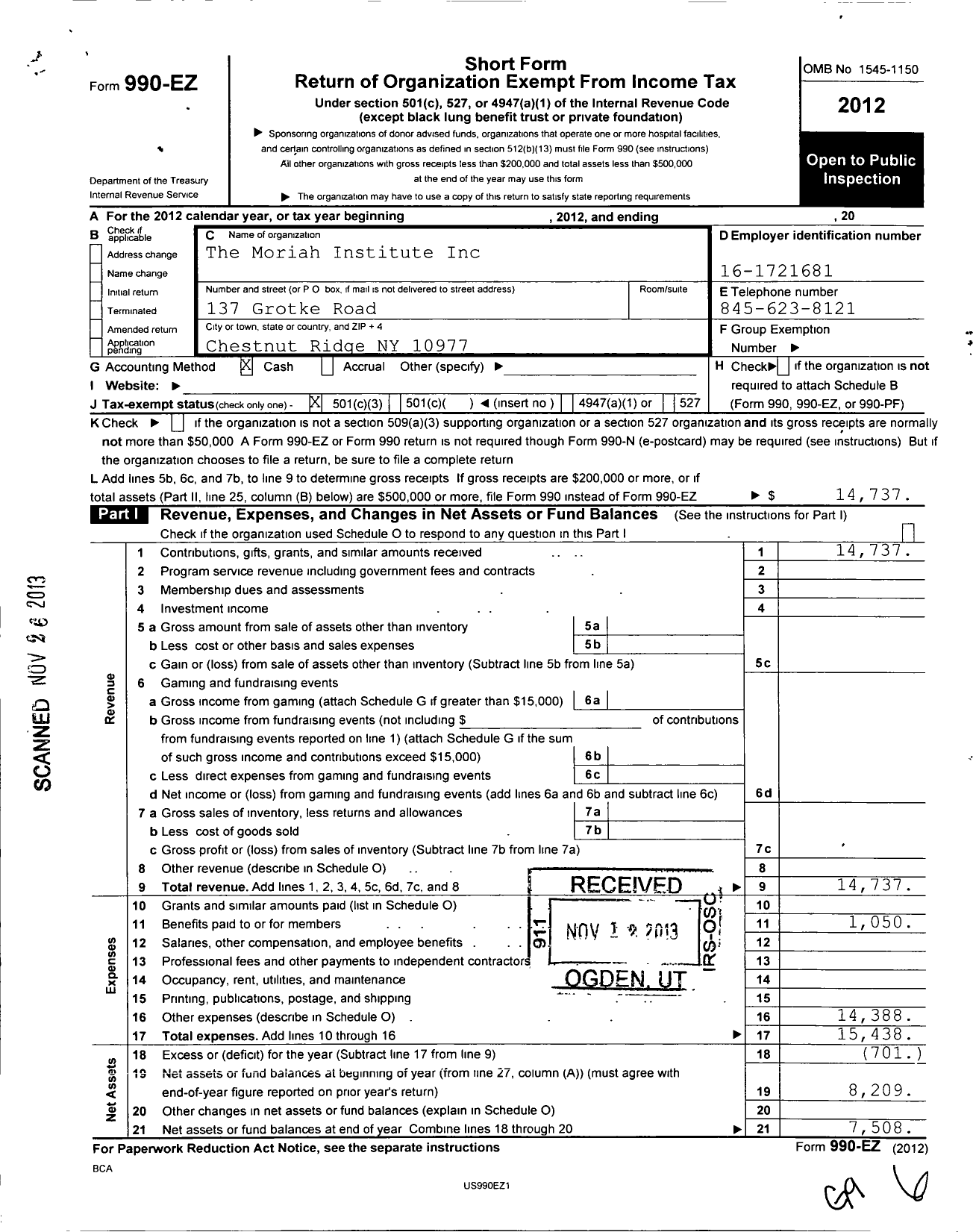 Image of first page of 2012 Form 990EZ for Moriah Institute