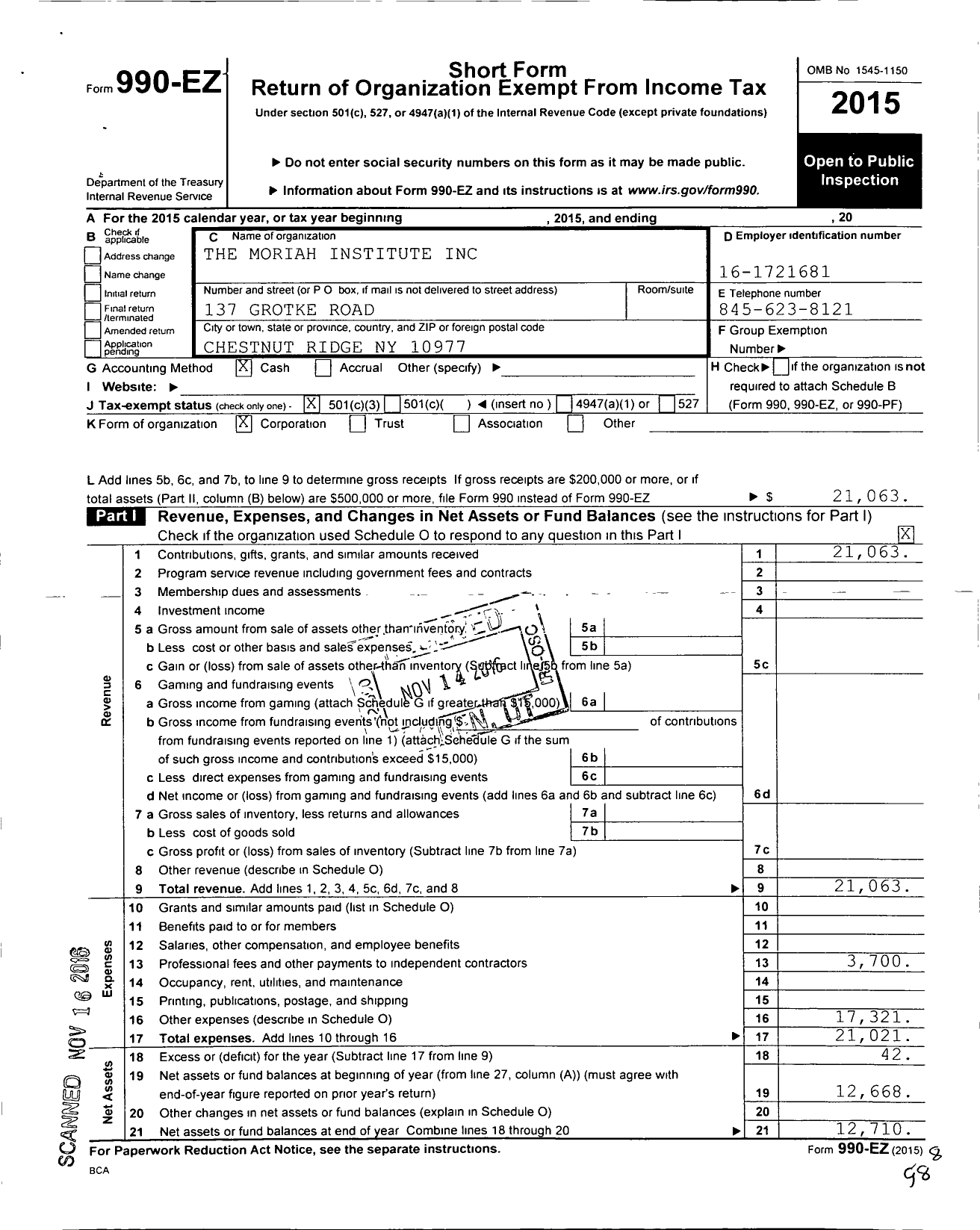 Image of first page of 2015 Form 990EZ for Moriah Institute