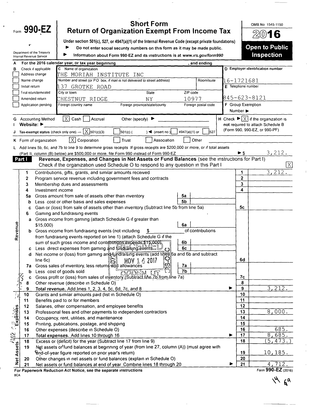 Image of first page of 2016 Form 990EZ for Moriah Institute