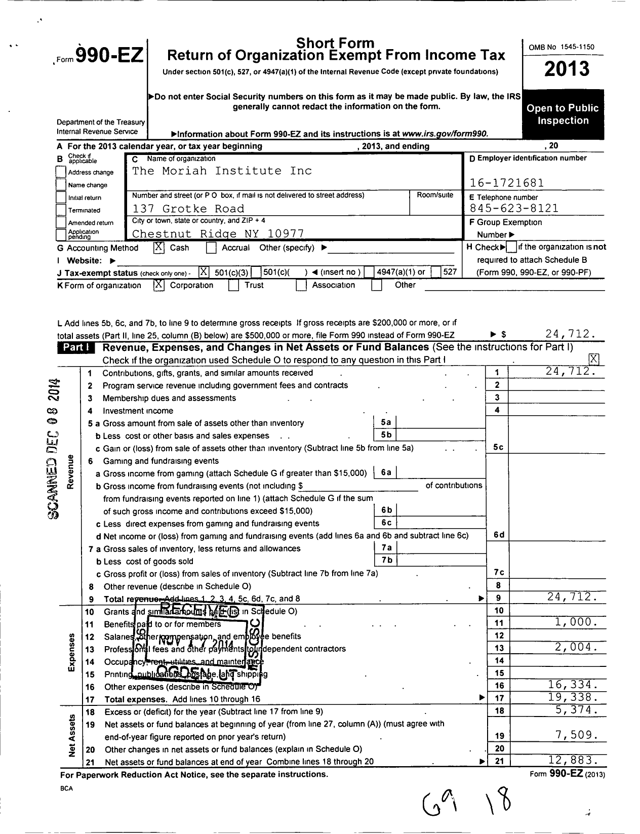 Image of first page of 2013 Form 990EZ for Moriah Institute