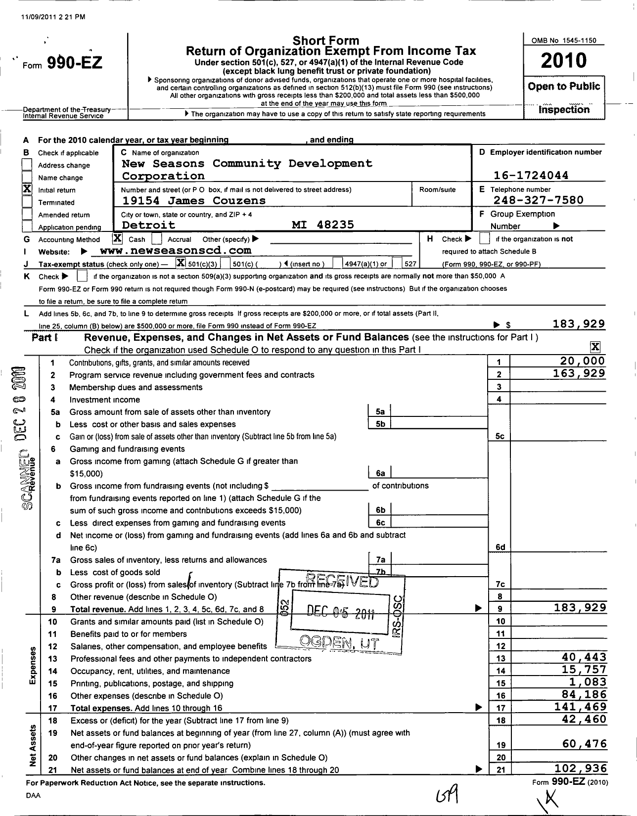 Image of first page of 2010 Form 990EZ for New Seasons Community Development Corporation