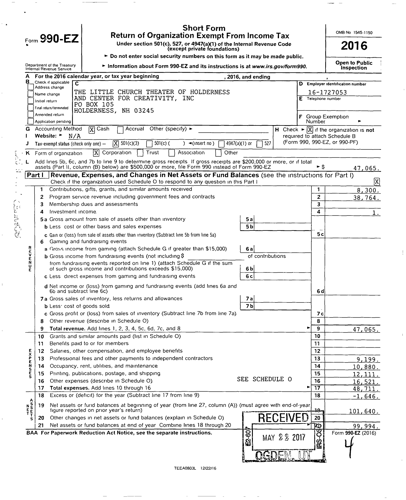 Image of first page of 2016 Form 990EZ for Little Church Theater of Holderness and Center for Creativity