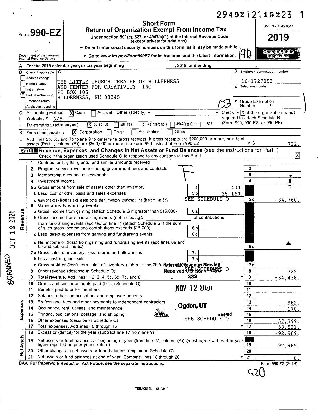 Image of first page of 2019 Form 990EZ for Little Church Theater of Holderness and Center for Creativity