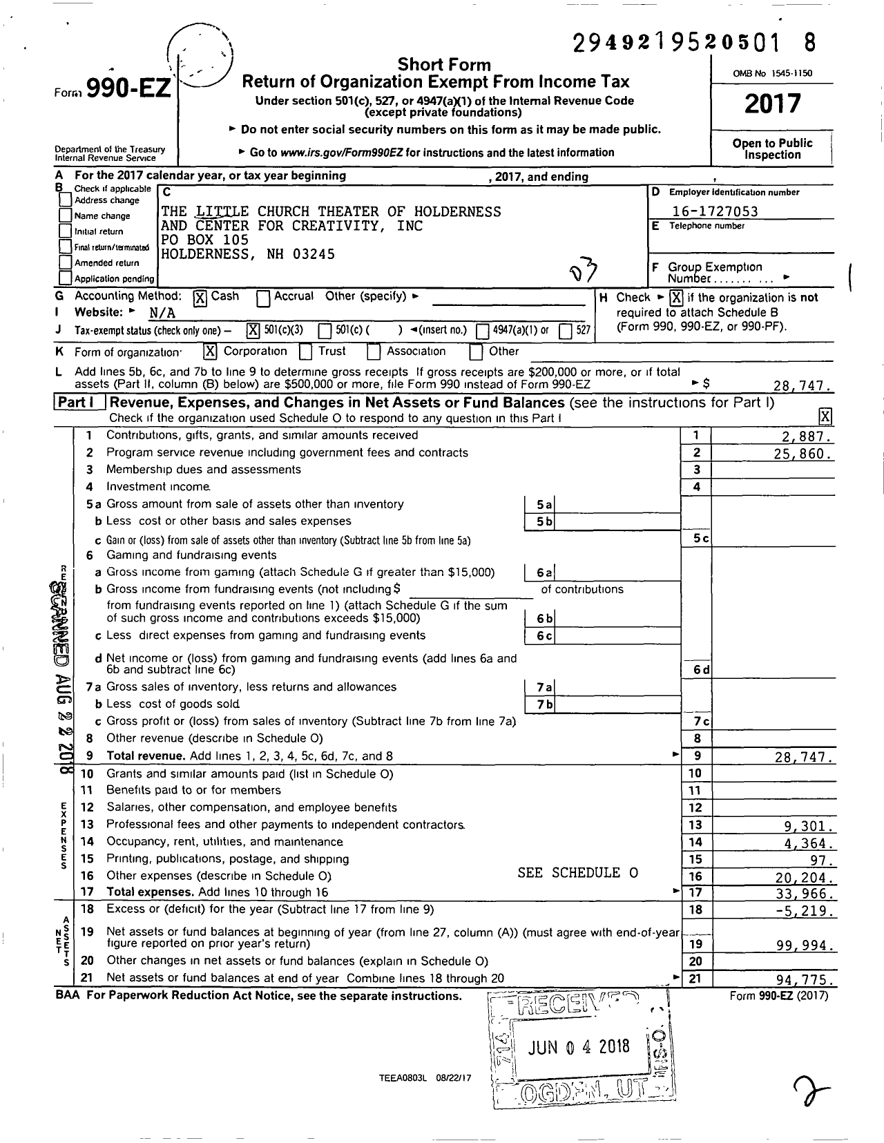 Image of first page of 2017 Form 990EZ for Little Church Theater of Holderness and Center for Creativity